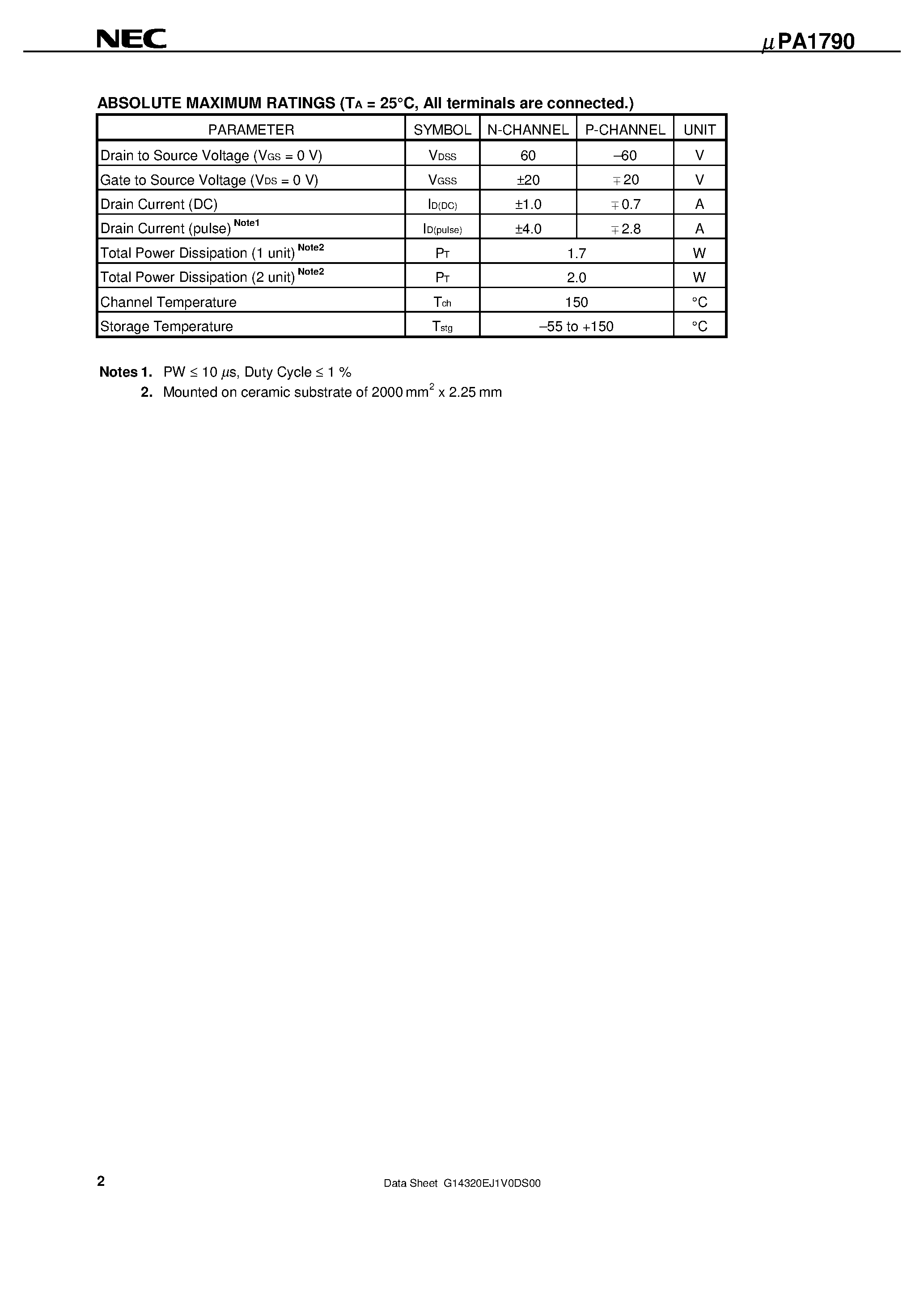Datasheet UPA1790 - SWITCHING N-AND P-CHANNEL POWER MOS FET INDUSTRIAL USE page 2