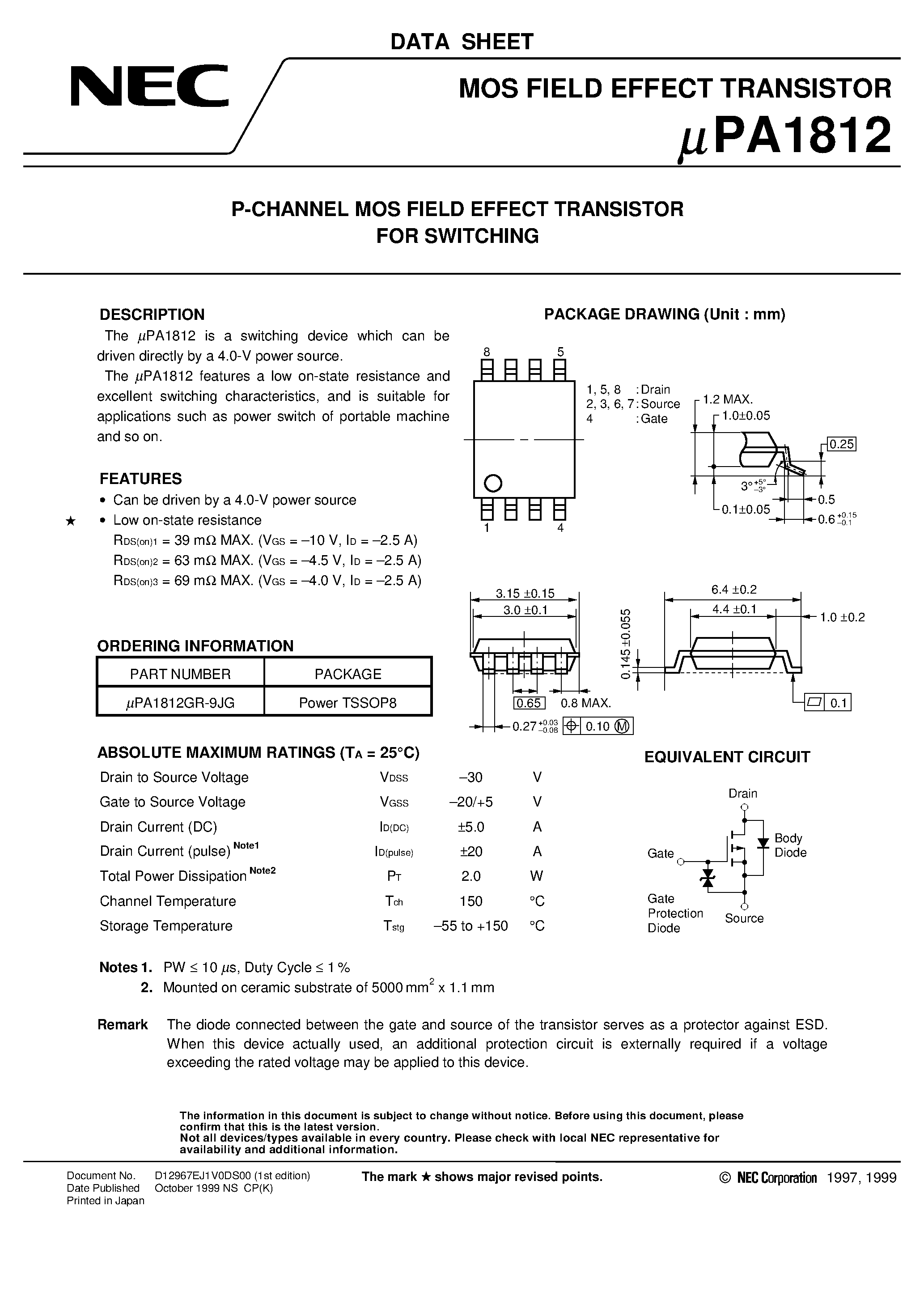 Datasheet UPA1812 - P-CHANNEL MOS FIELD EFFECT TRANSISTOR FOR SWITCHING page 1