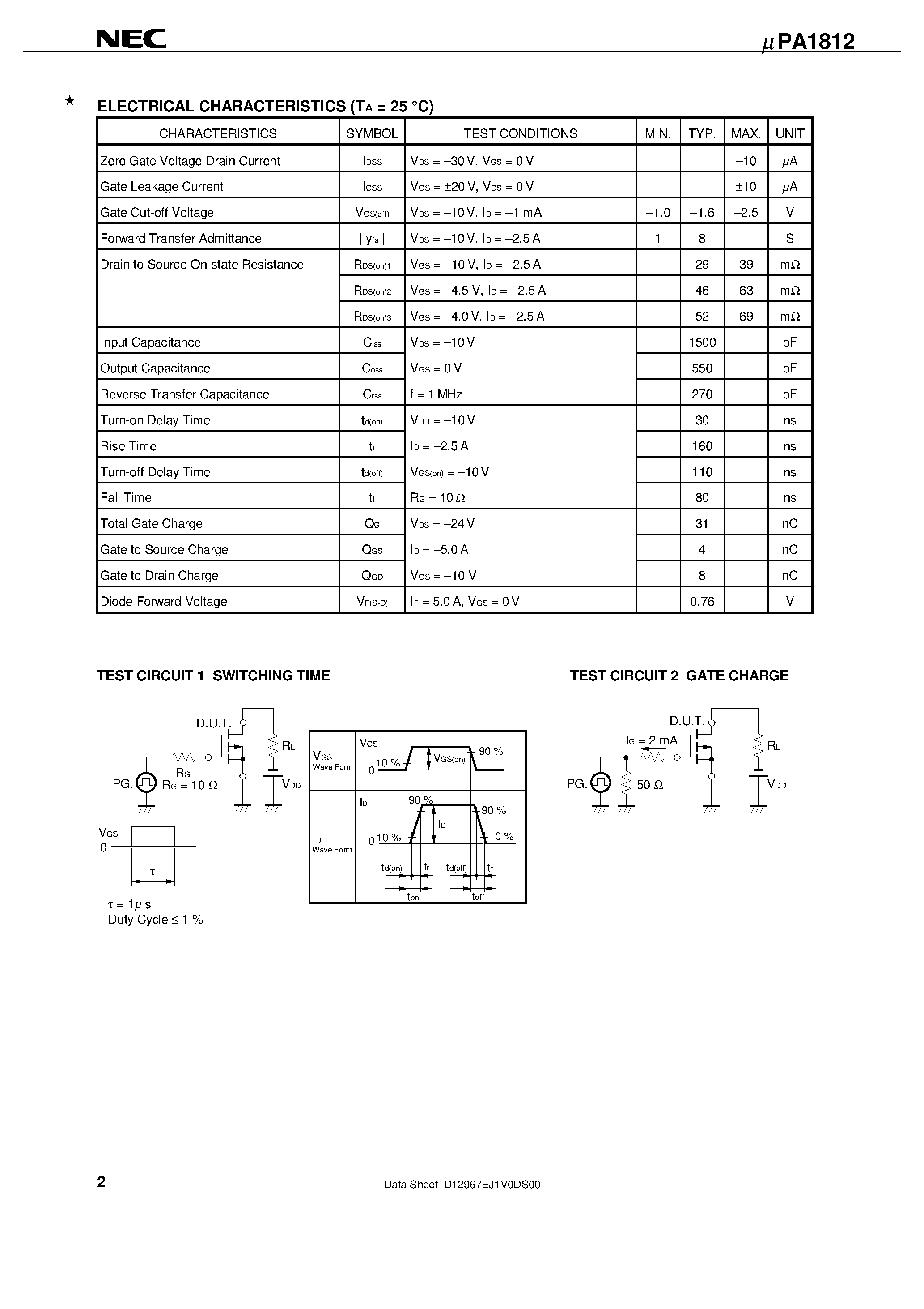 Datasheet UPA1812 - P-CHANNEL MOS FIELD EFFECT TRANSISTOR FOR SWITCHING page 2