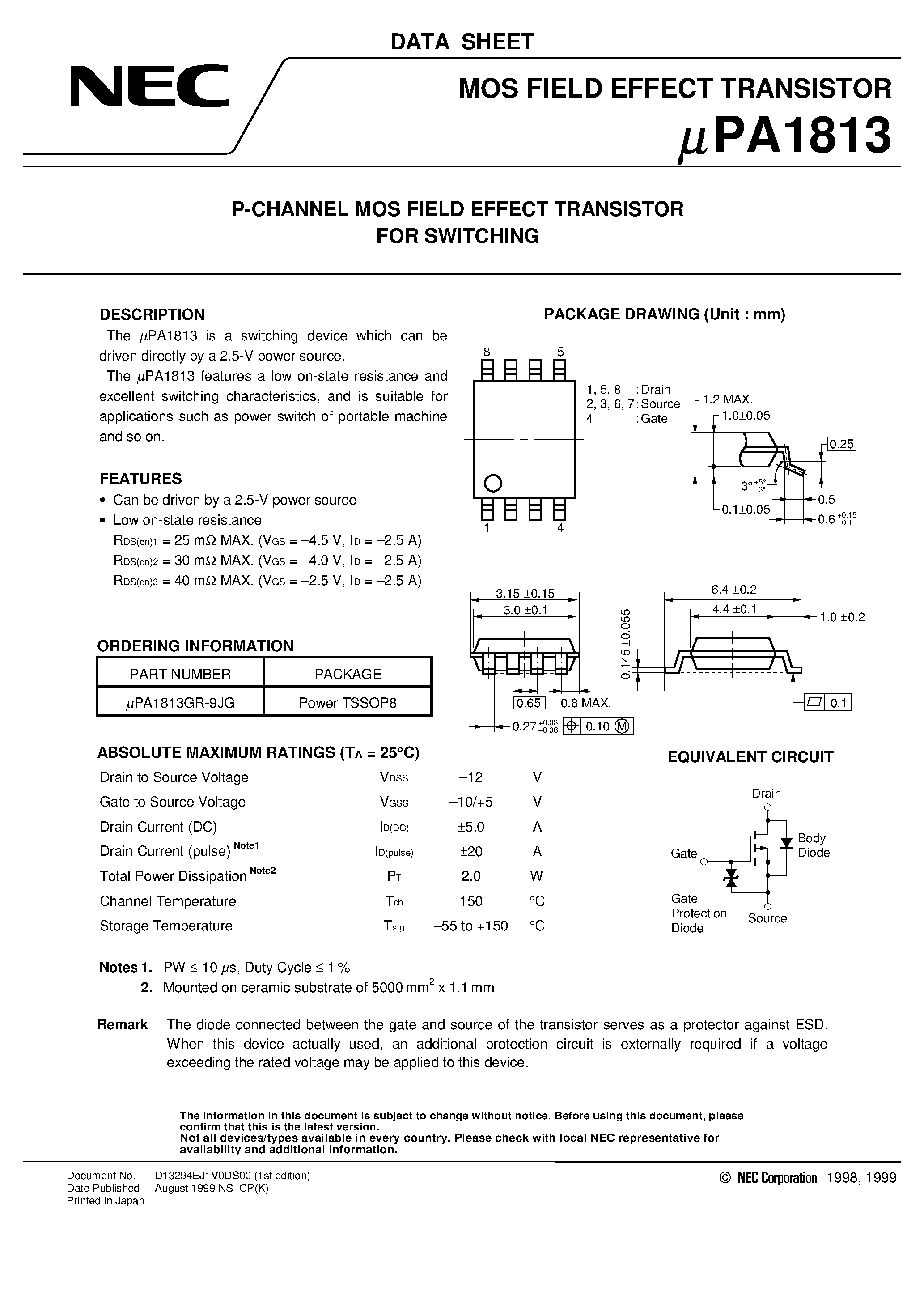 Datasheet UPA1813 - P-CHANNEL MOS FIELD EFFECT TRANSISTOR FOR SWITCHING page 1