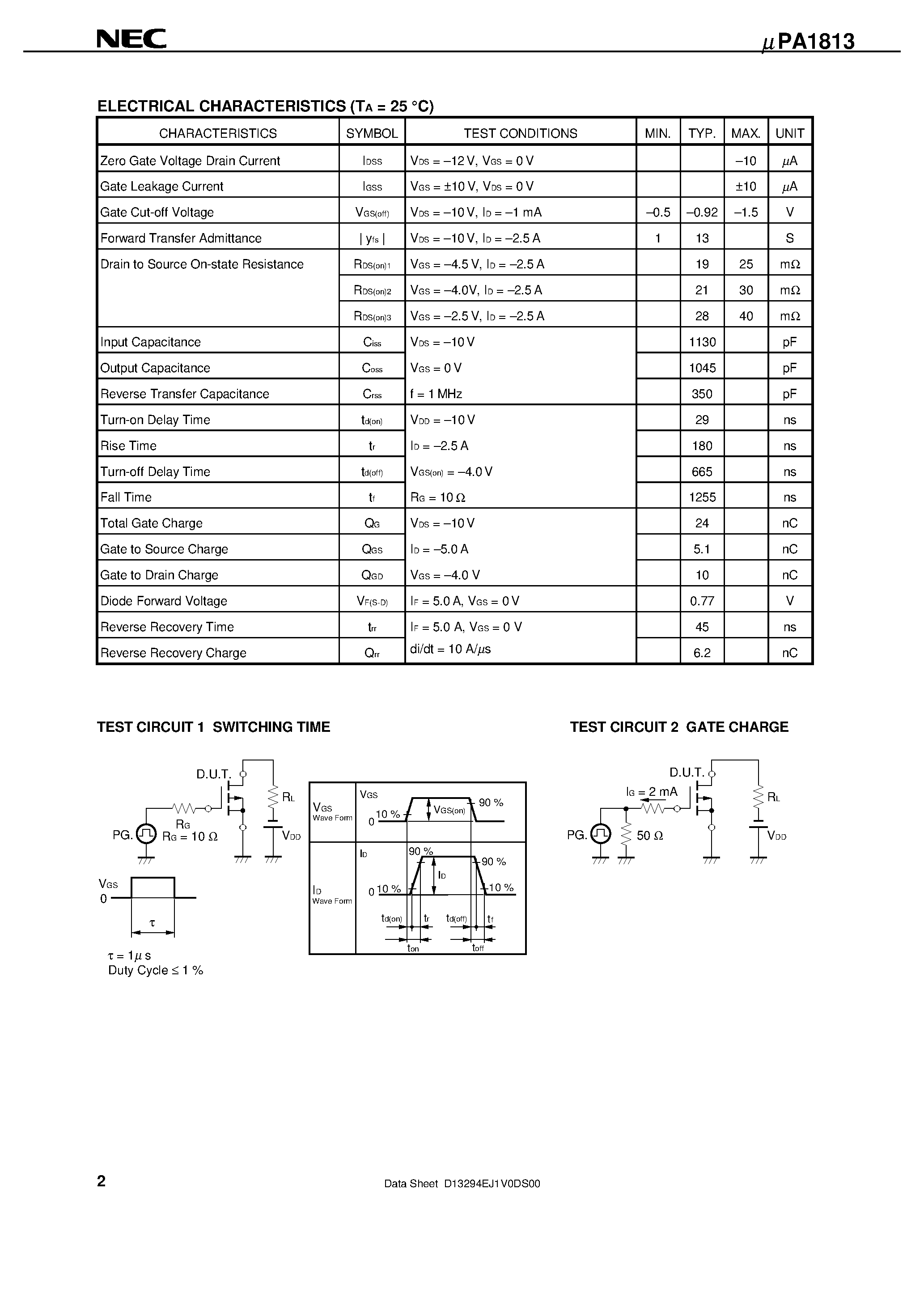Datasheet UPA1813 - P-CHANNEL MOS FIELD EFFECT TRANSISTOR FOR SWITCHING page 2