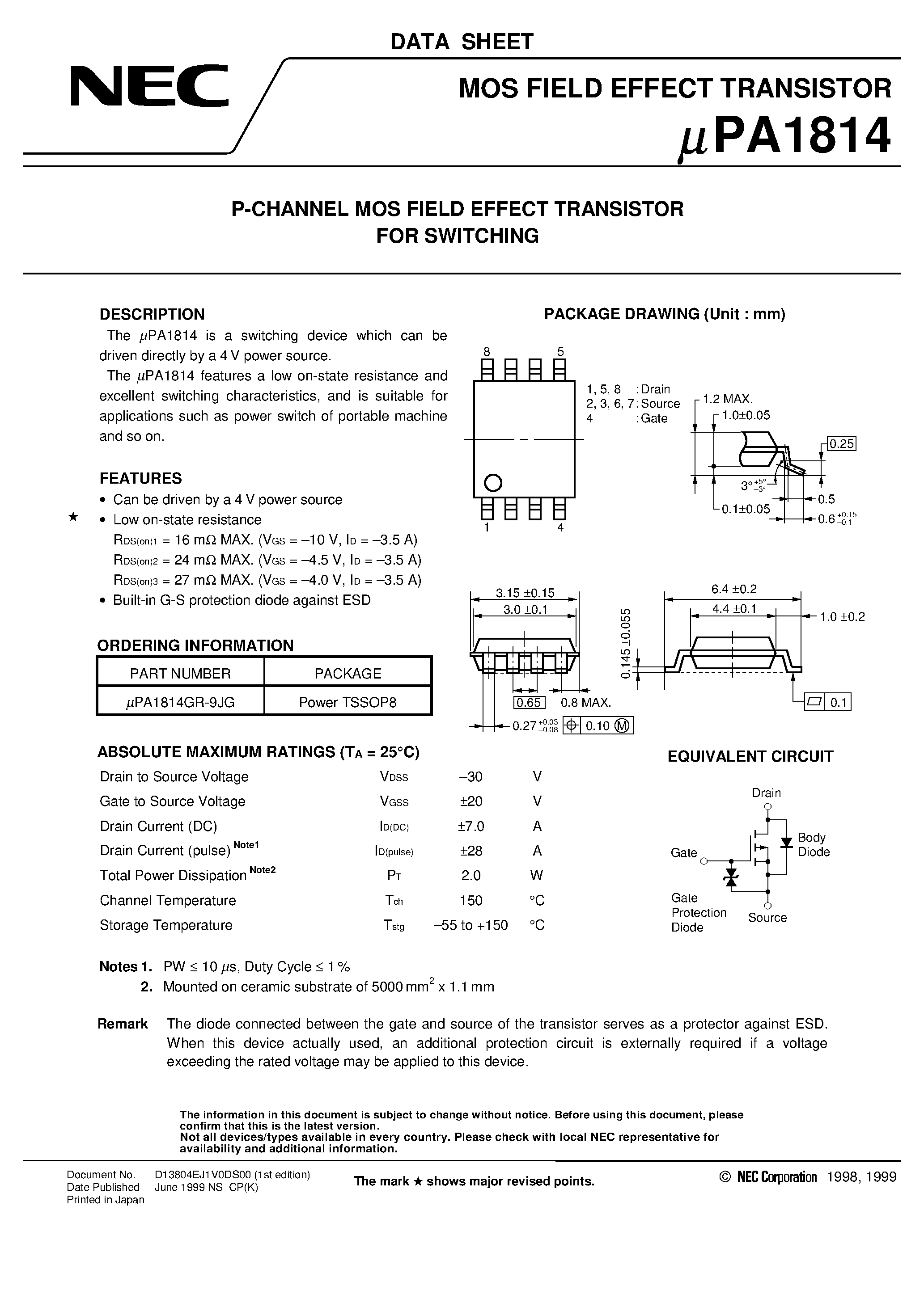 Datasheet UPA1814 - P-CHANNEL MOS FIELD EFFECT TRANSISTOR FOR SWITCHING page 1