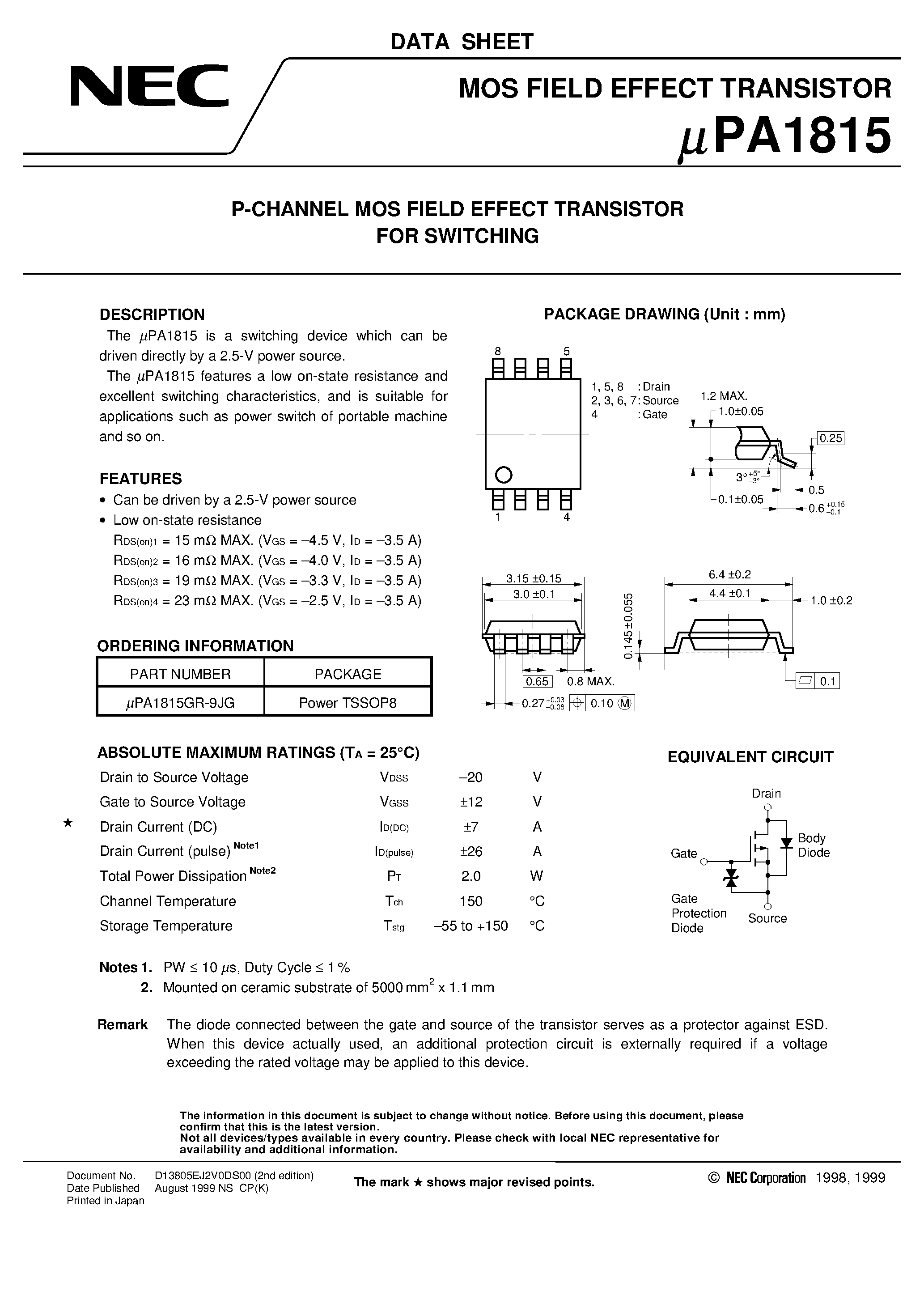 Datasheet UPA1815 - P-CHANNEL MOS FIELD EFFECT TRANSISTOR FOR SWITCHING page 1