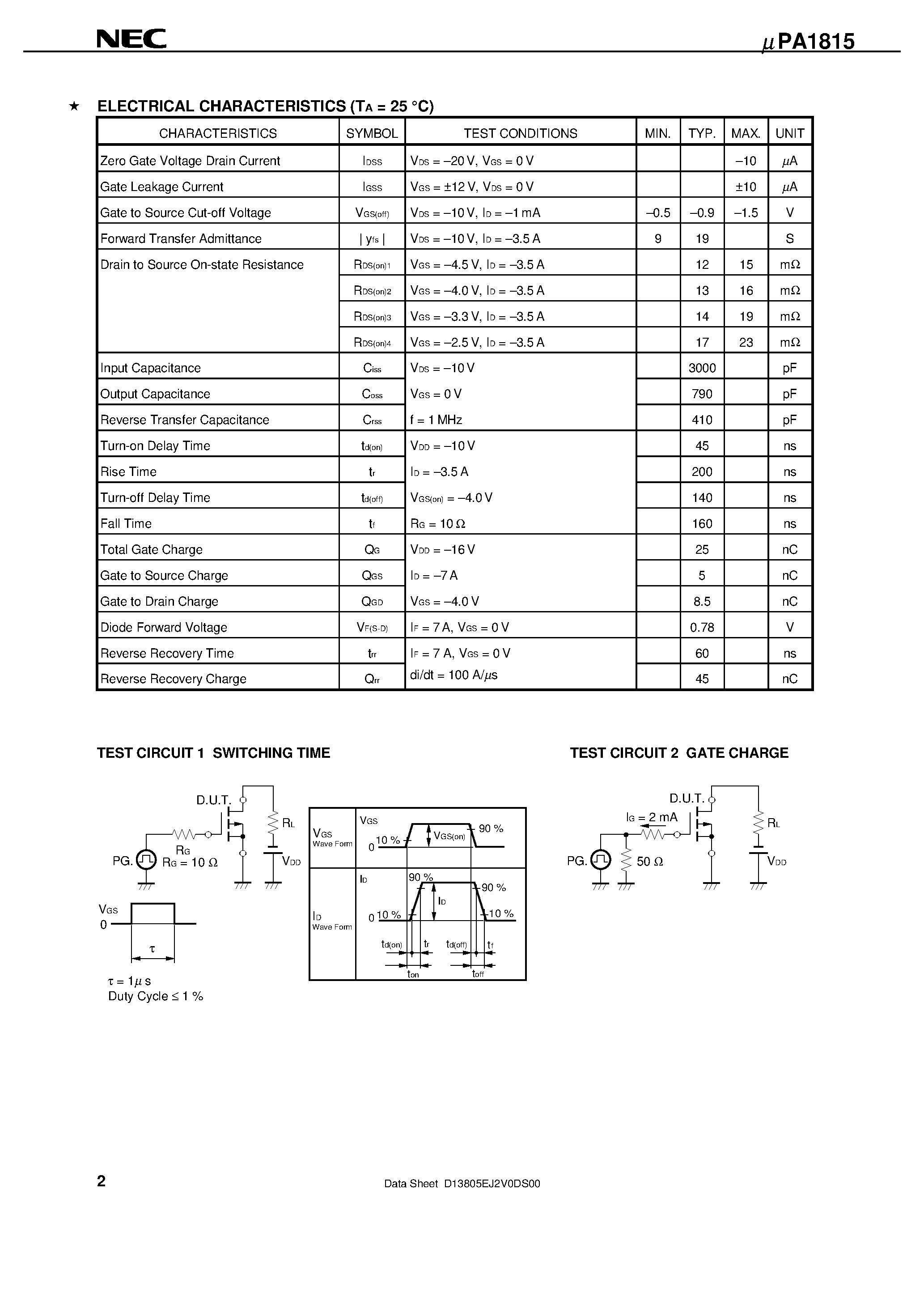 Datasheet UPA1815 - P-CHANNEL MOS FIELD EFFECT TRANSISTOR FOR SWITCHING page 2