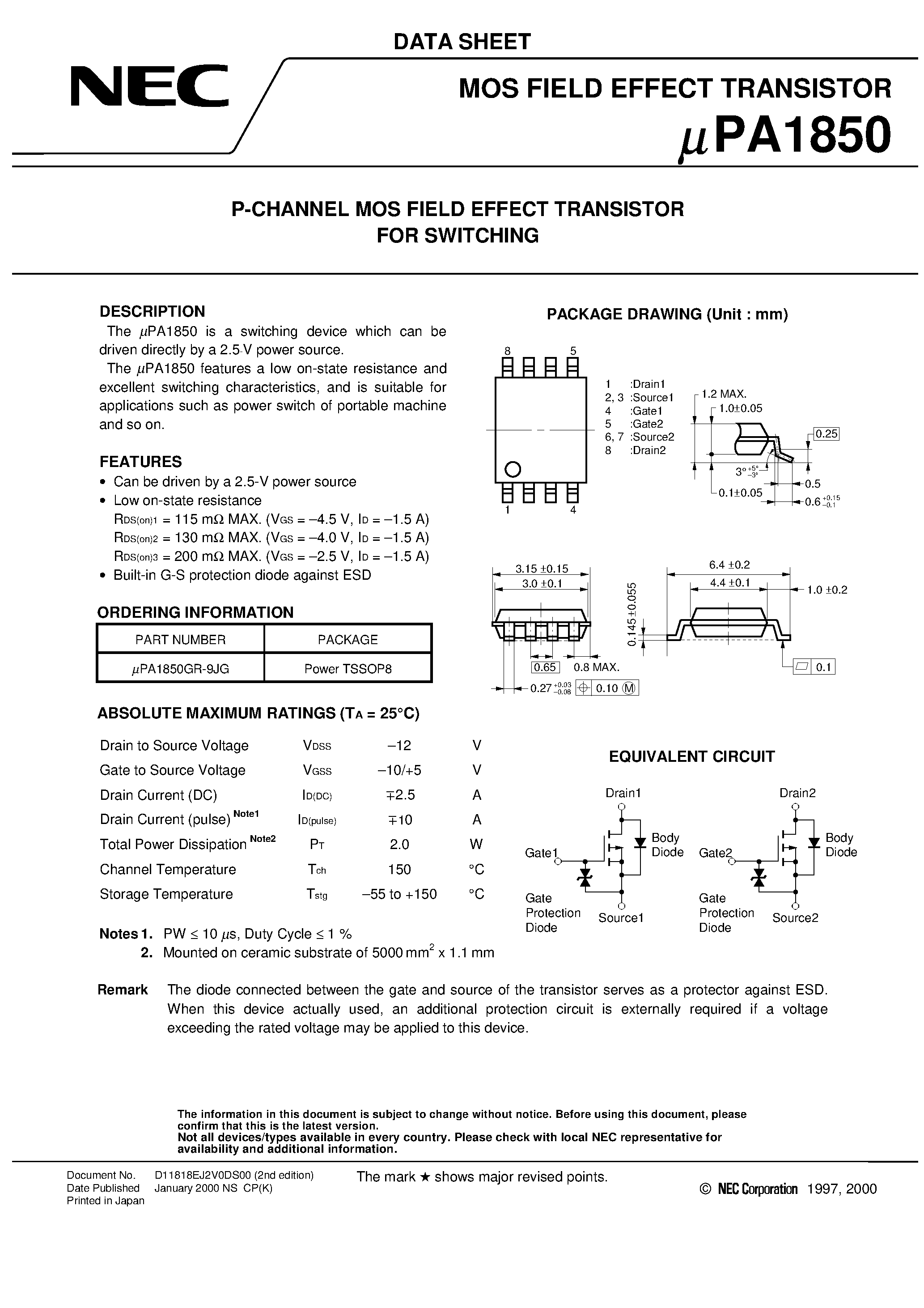Datasheet UPA1850 - P-CHANNEL MOS FIELD EFFECT TRANSISTOR FOR SWITCHING page 1