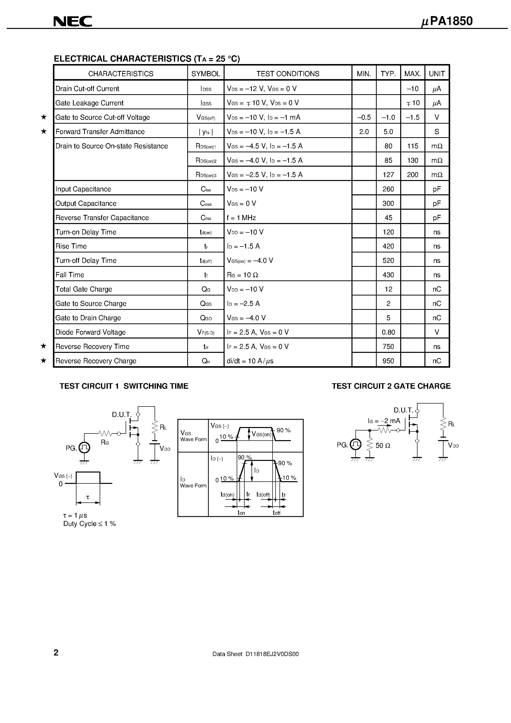 Datasheet UPA1850 - P-CHANNEL MOS FIELD EFFECT TRANSISTOR FOR SWITCHING page 2