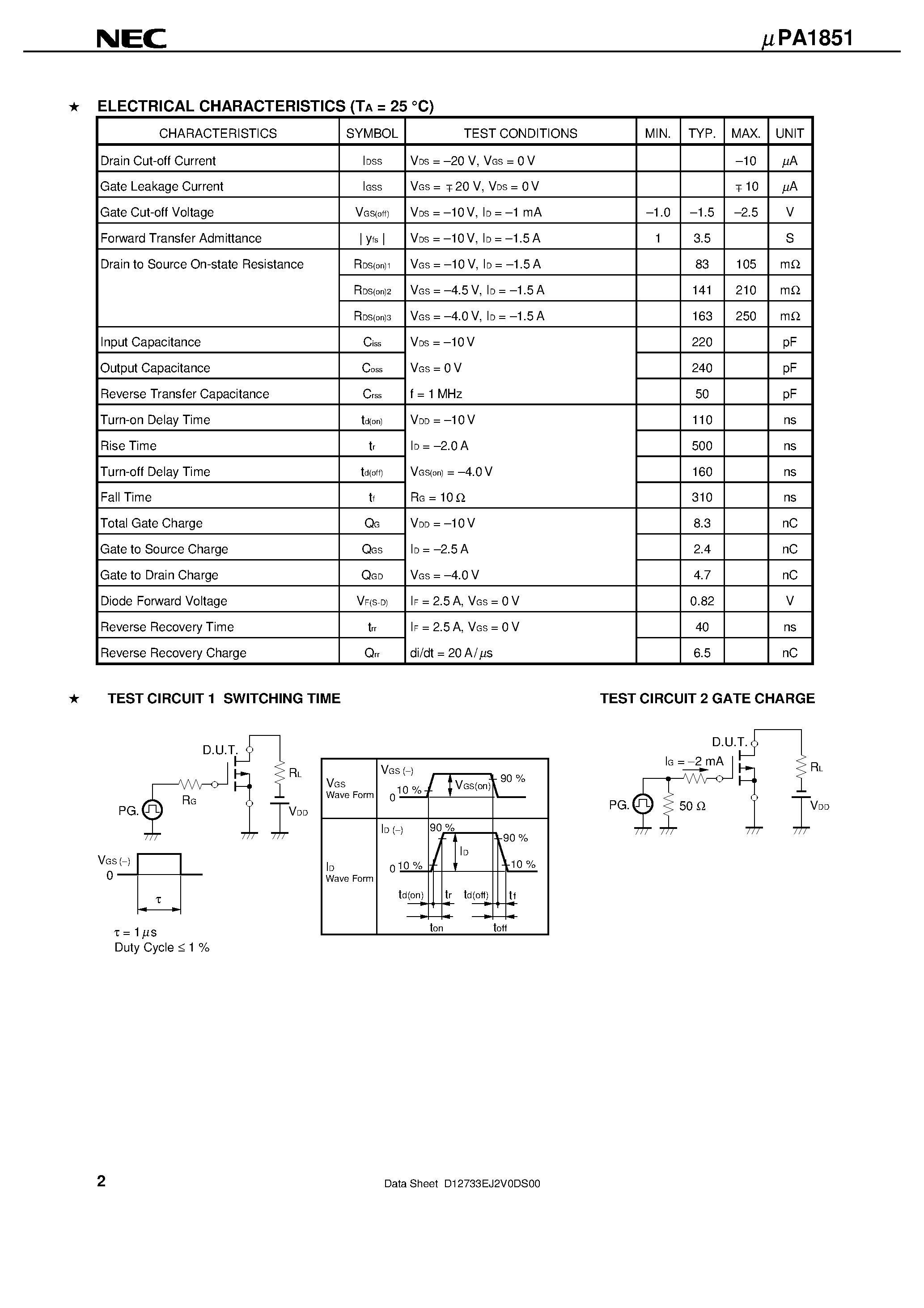 Datasheet UPA1851 - P-CHANNEL MOS FIELD EFFECT TRANSISTOR FOR SWITCHING page 2