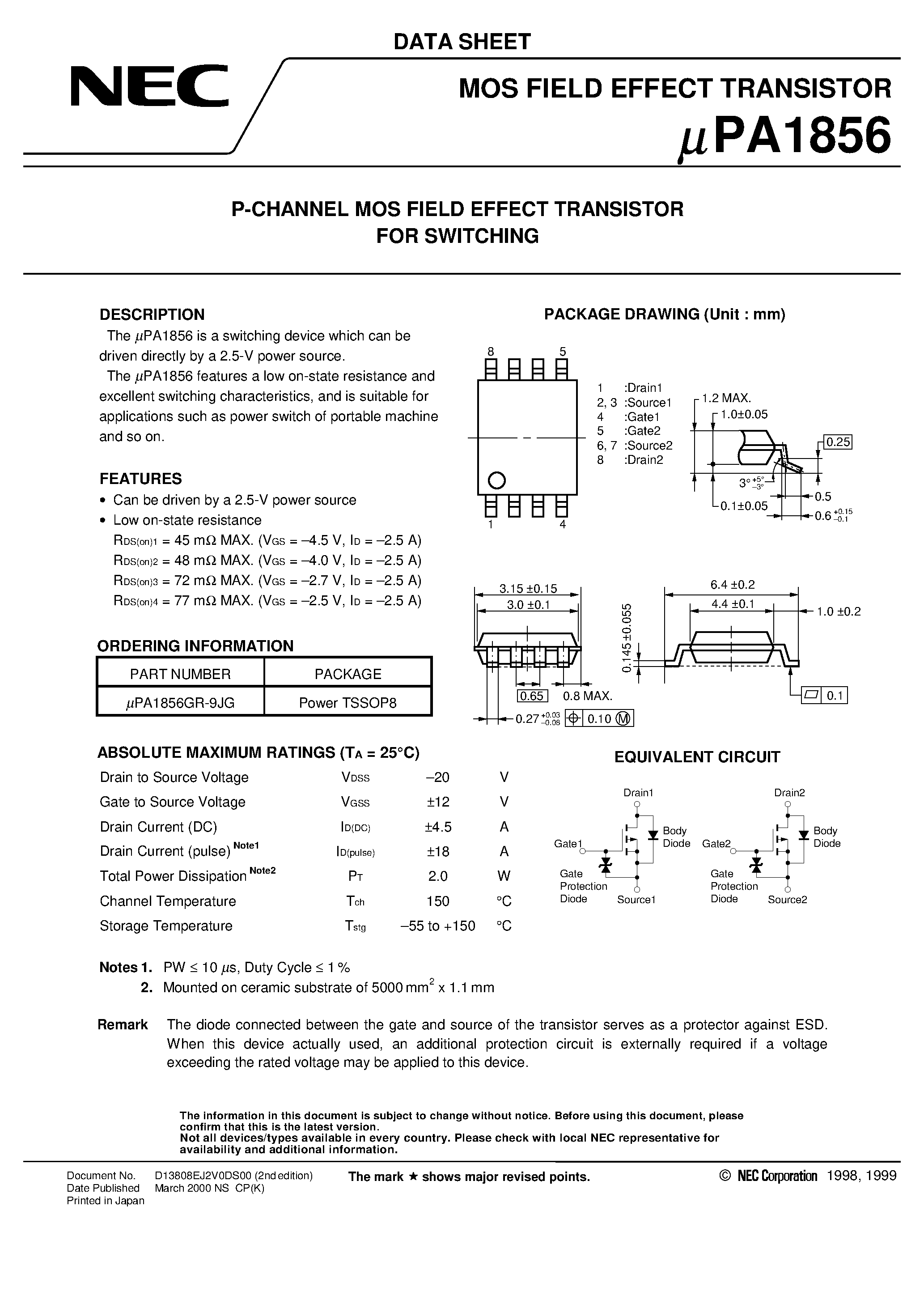 Datasheet UPA1856 page 1 Datasheet UPA1856 - P-CHANNEL MOS FIELD EFFECT TRANSISTOR FOR SWITCHING page 1