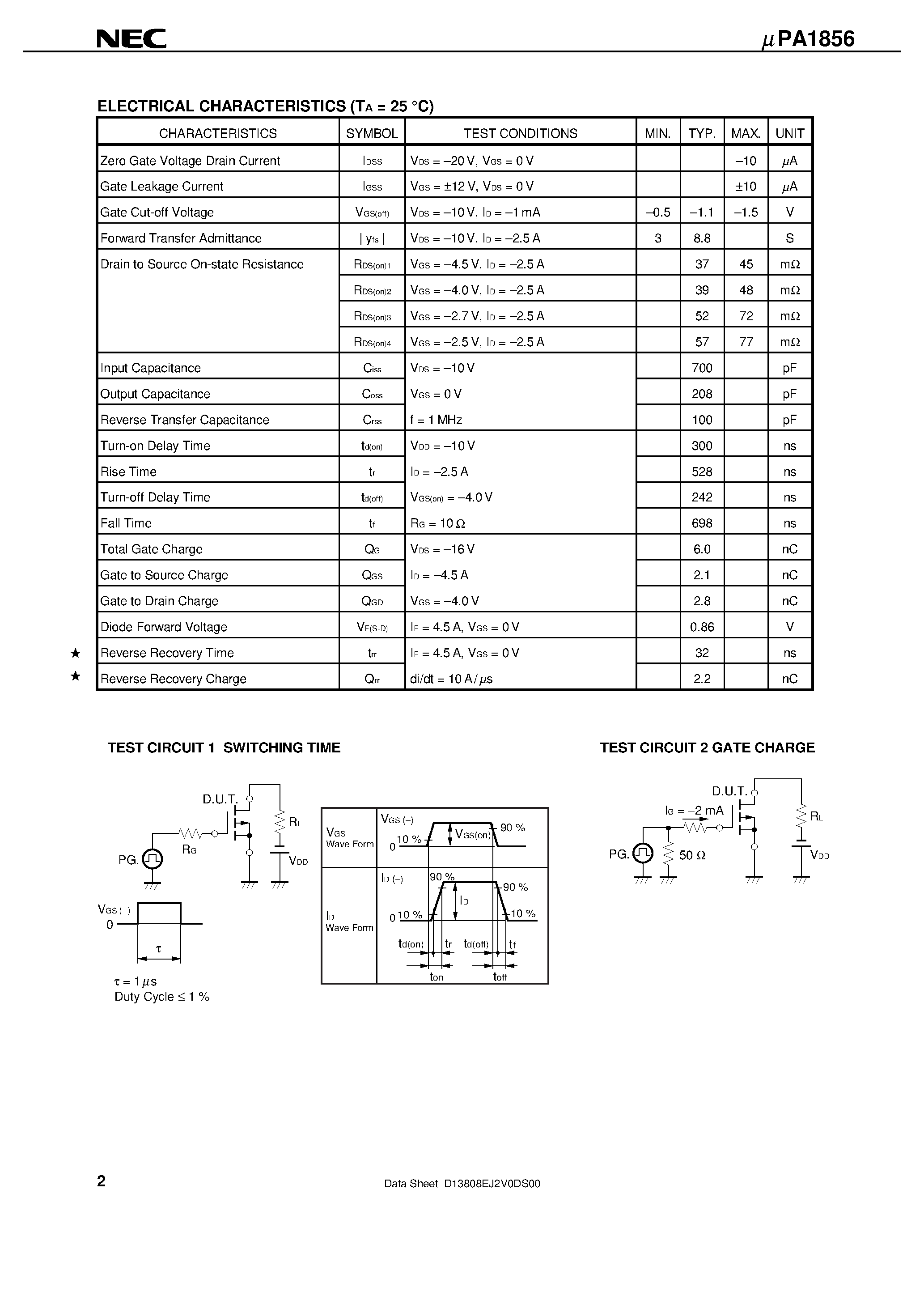 Datasheet UPA1856 page 2 Datasheet UPA1856 - P-CHANNEL MOS FIELD EFFECT TRANSISTOR FOR SWITCHING page 2