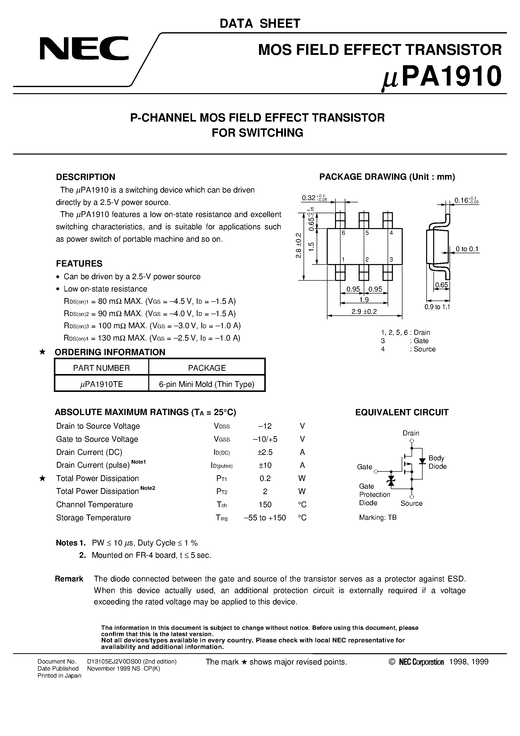 Datasheet UPA1910 - P-CHANNEL MOS FIELD EFFECT TRANSISTOR FOR SWITCHING page 1