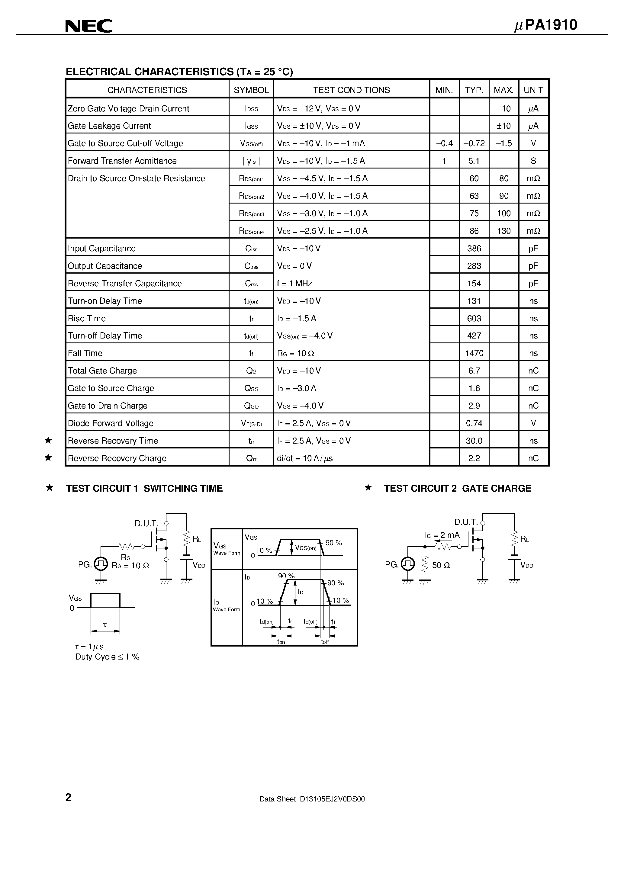 Datasheet UPA1910 - P-CHANNEL MOS FIELD EFFECT TRANSISTOR FOR SWITCHING page 2