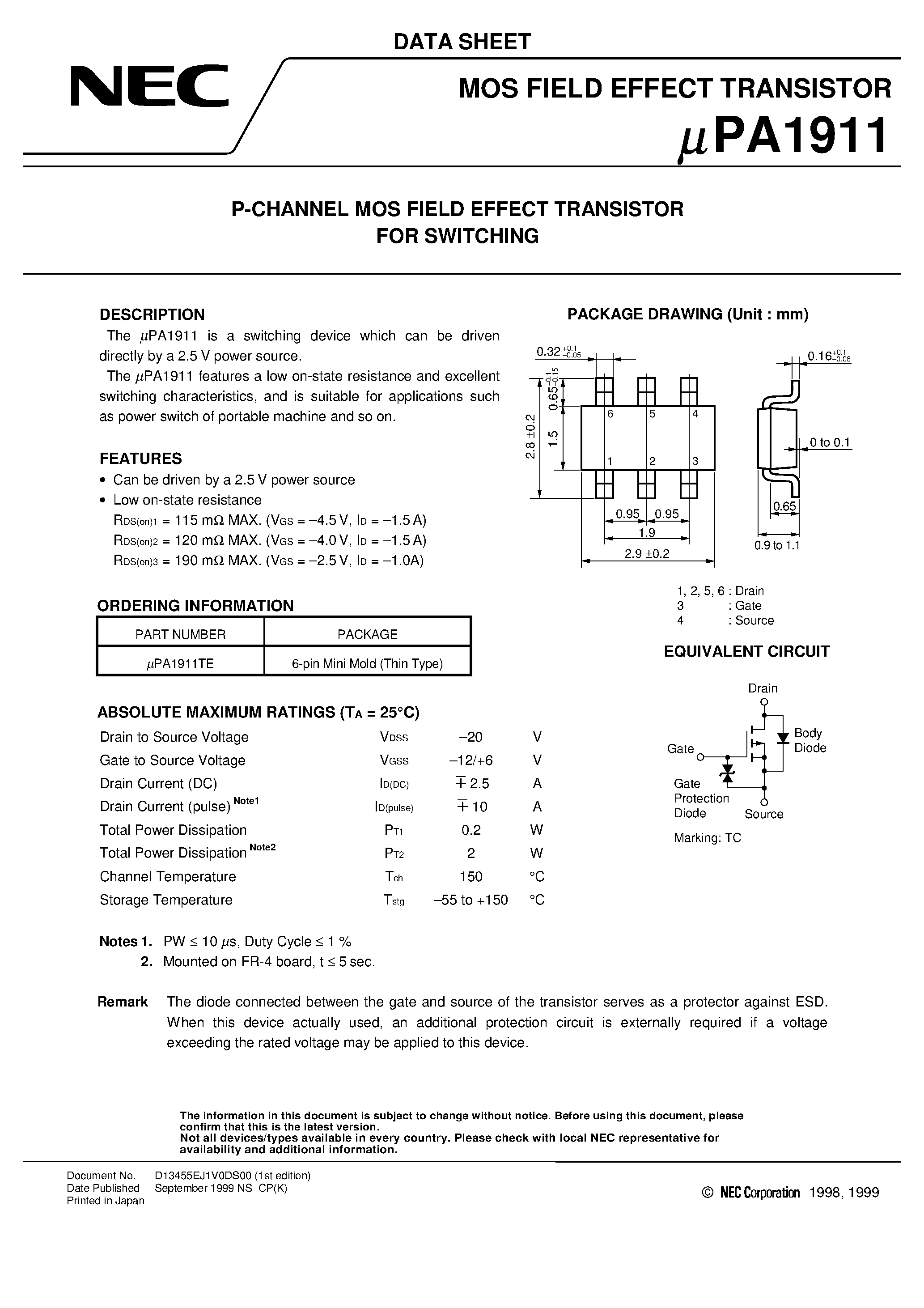 Datasheet UPA1911 - P-CHANNEL MOS FIELD EFFECT TRANSISTOR FOR SWITCHING page 1