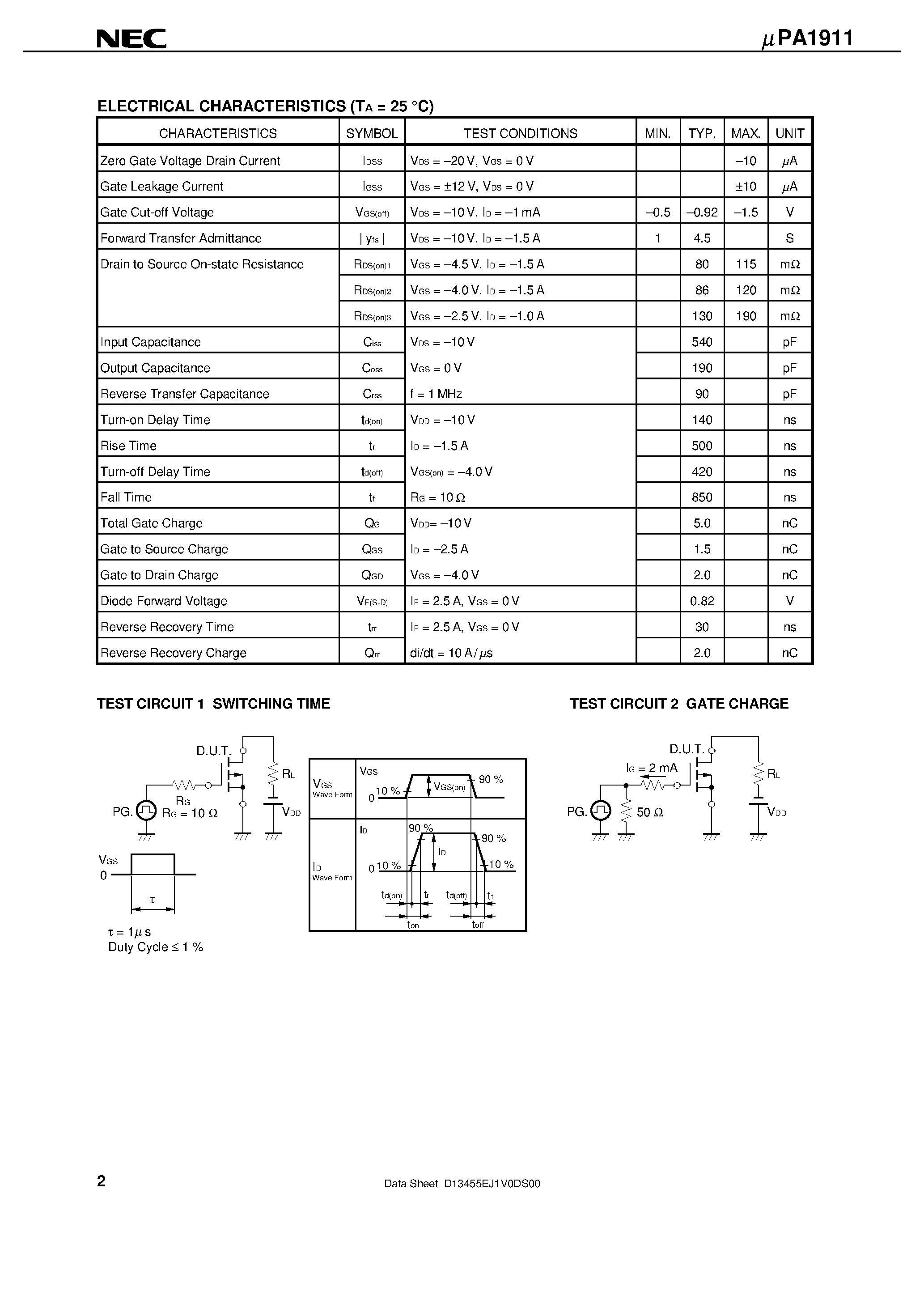 Datasheet UPA1911 - P-CHANNEL MOS FIELD EFFECT TRANSISTOR FOR SWITCHING page 2