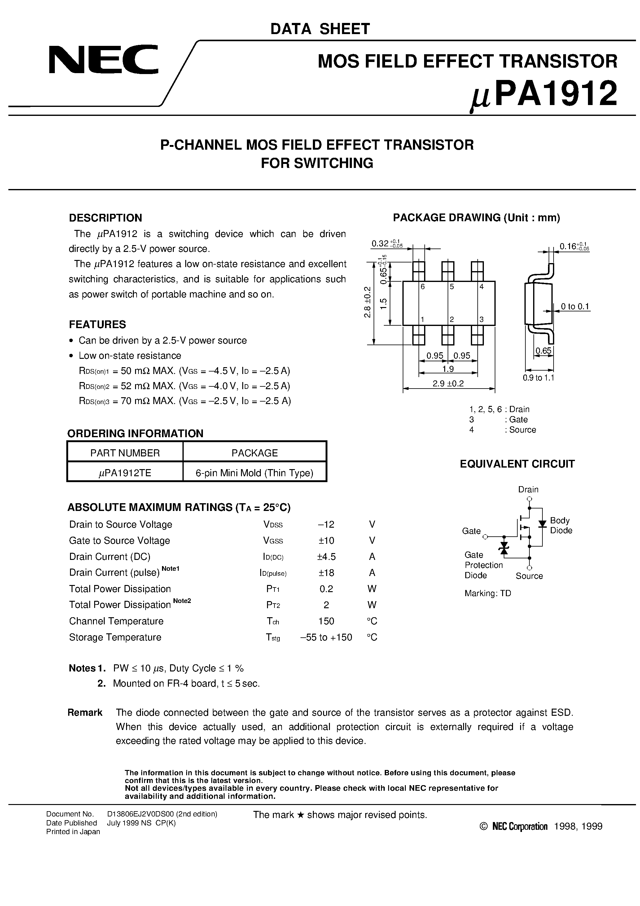 Datasheet UPA1912 - P-CHANNEL MOS FIELD EFFECT TRANSISTOR FOR SWITCHING page 1