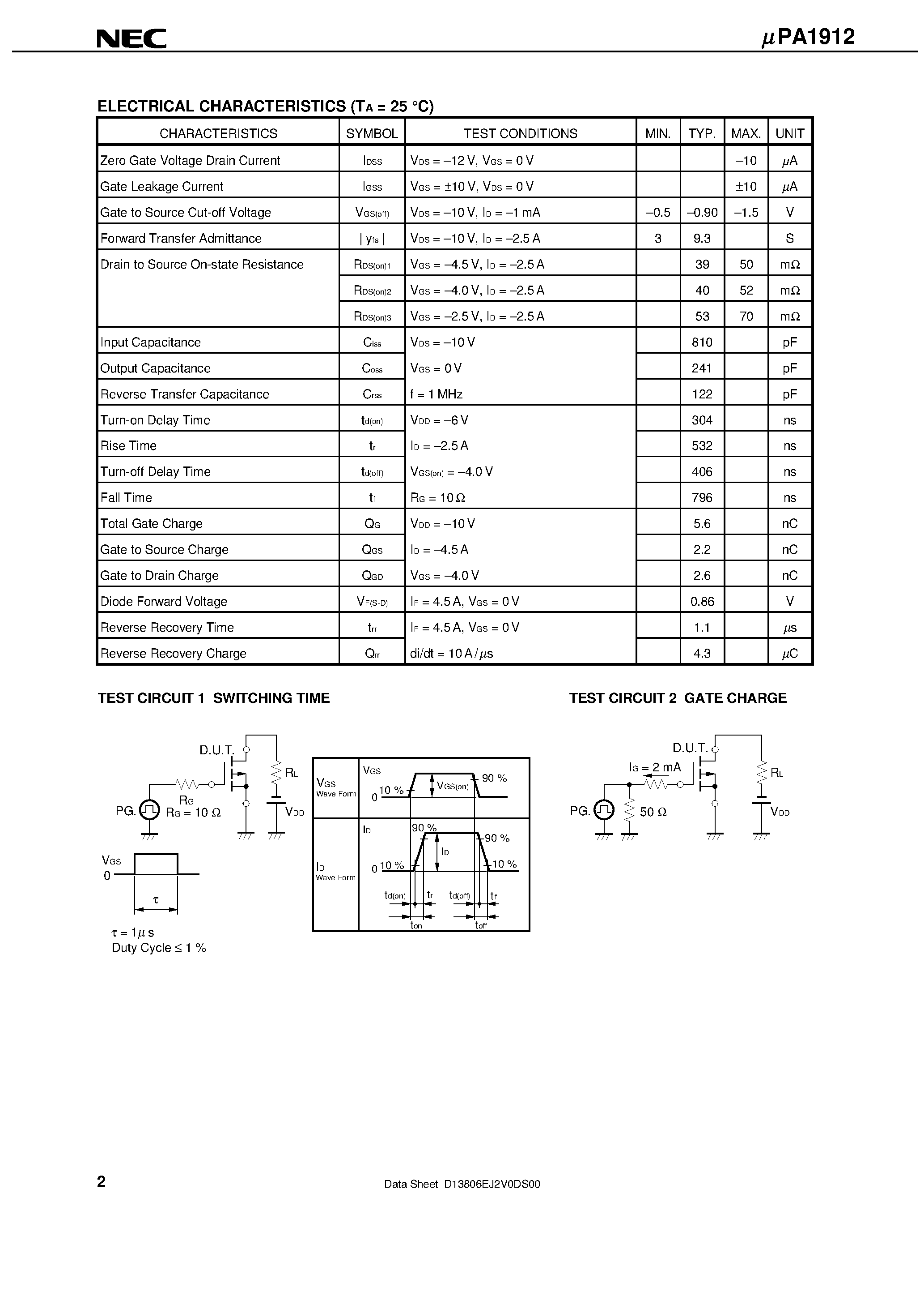 Datasheet UPA1912 - P-CHANNEL MOS FIELD EFFECT TRANSISTOR FOR SWITCHING page 2