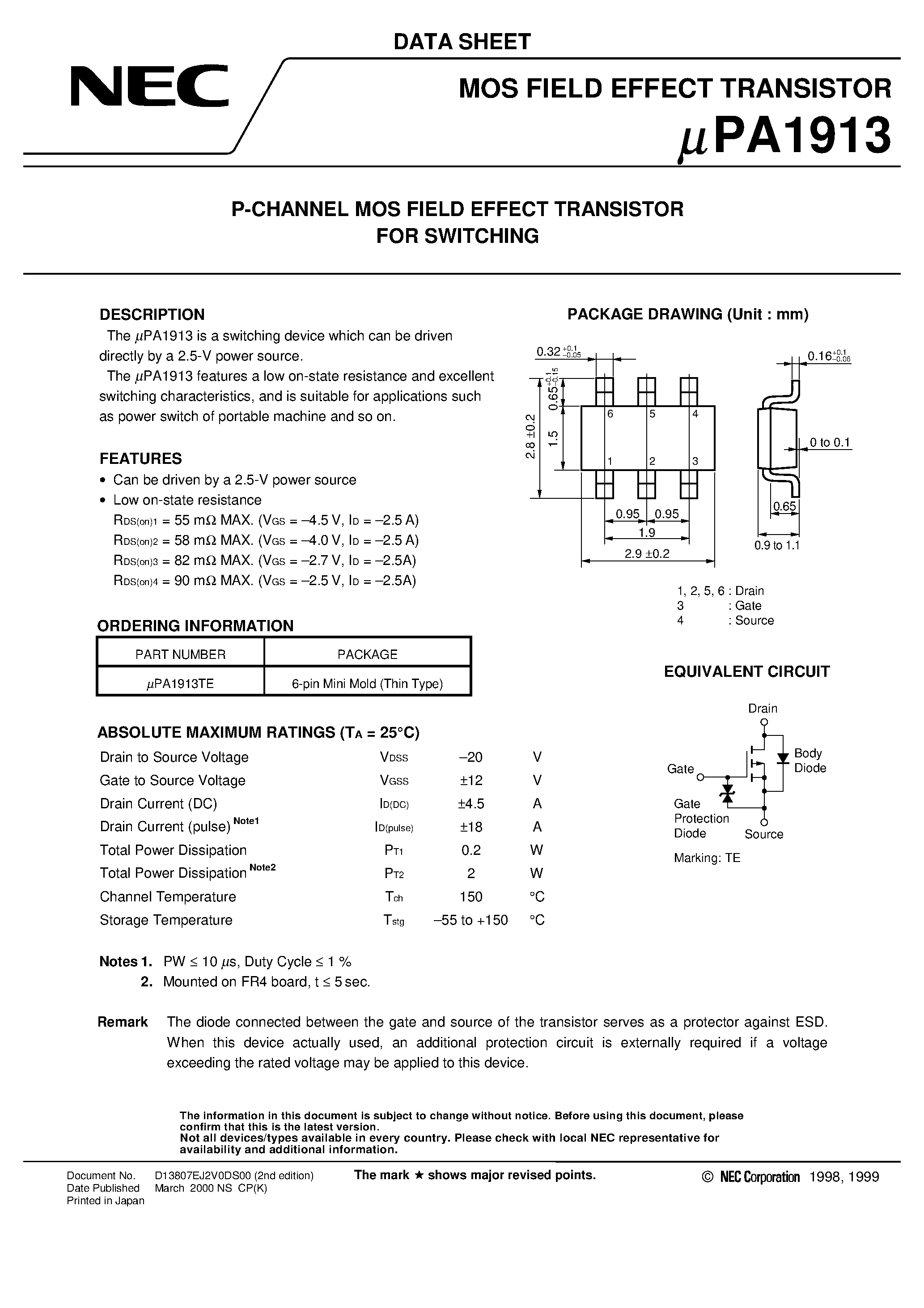 Datasheet UPA1913 - P-CHANNEL MOS FIELD EFFECT TRANSISTOR FOR SWITCHING page 1
