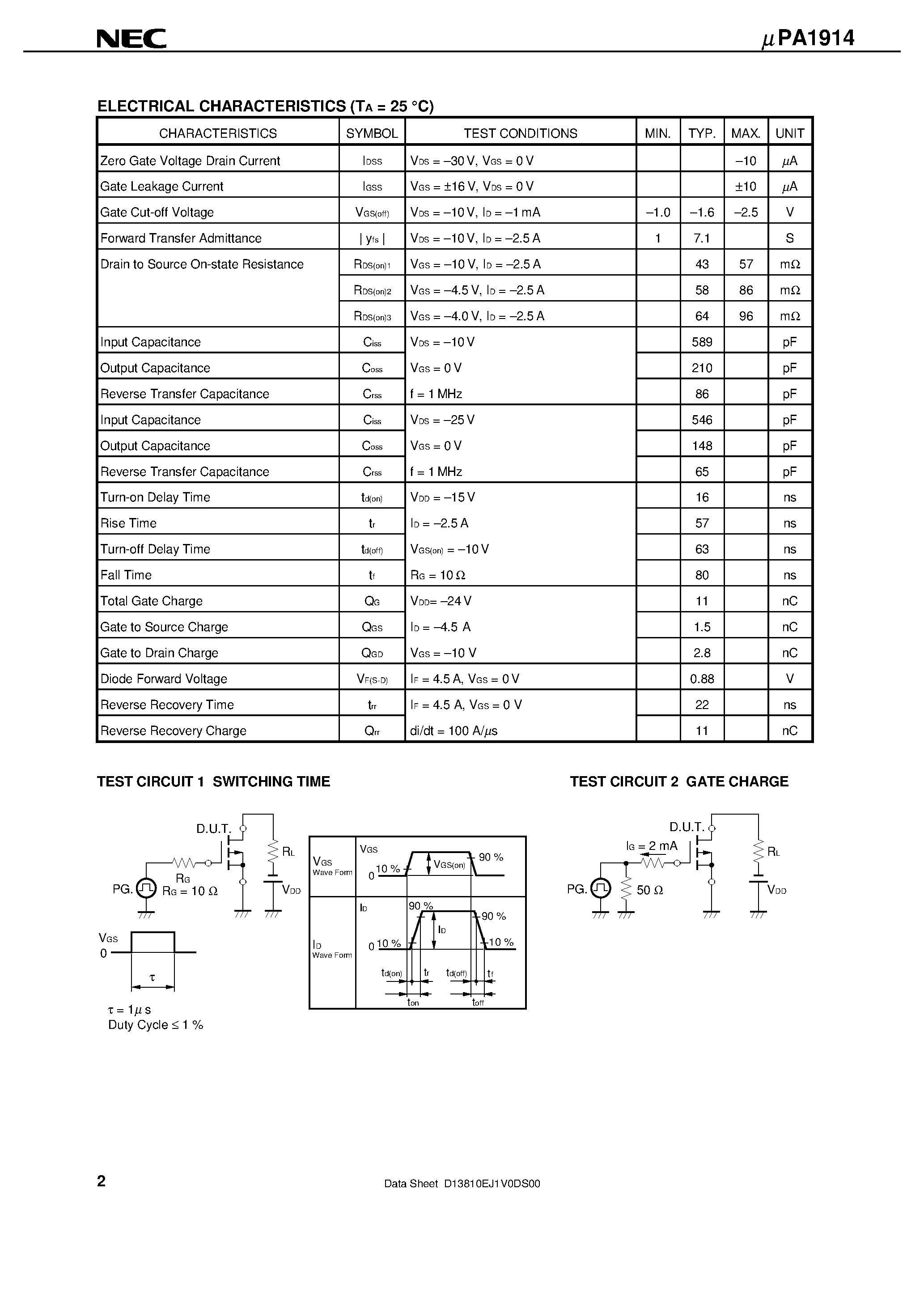 Datasheet UPA1914 - P-CHANNEL MOS FIELD EFFECT TRANSISTOR FOR SWITCHING page 2