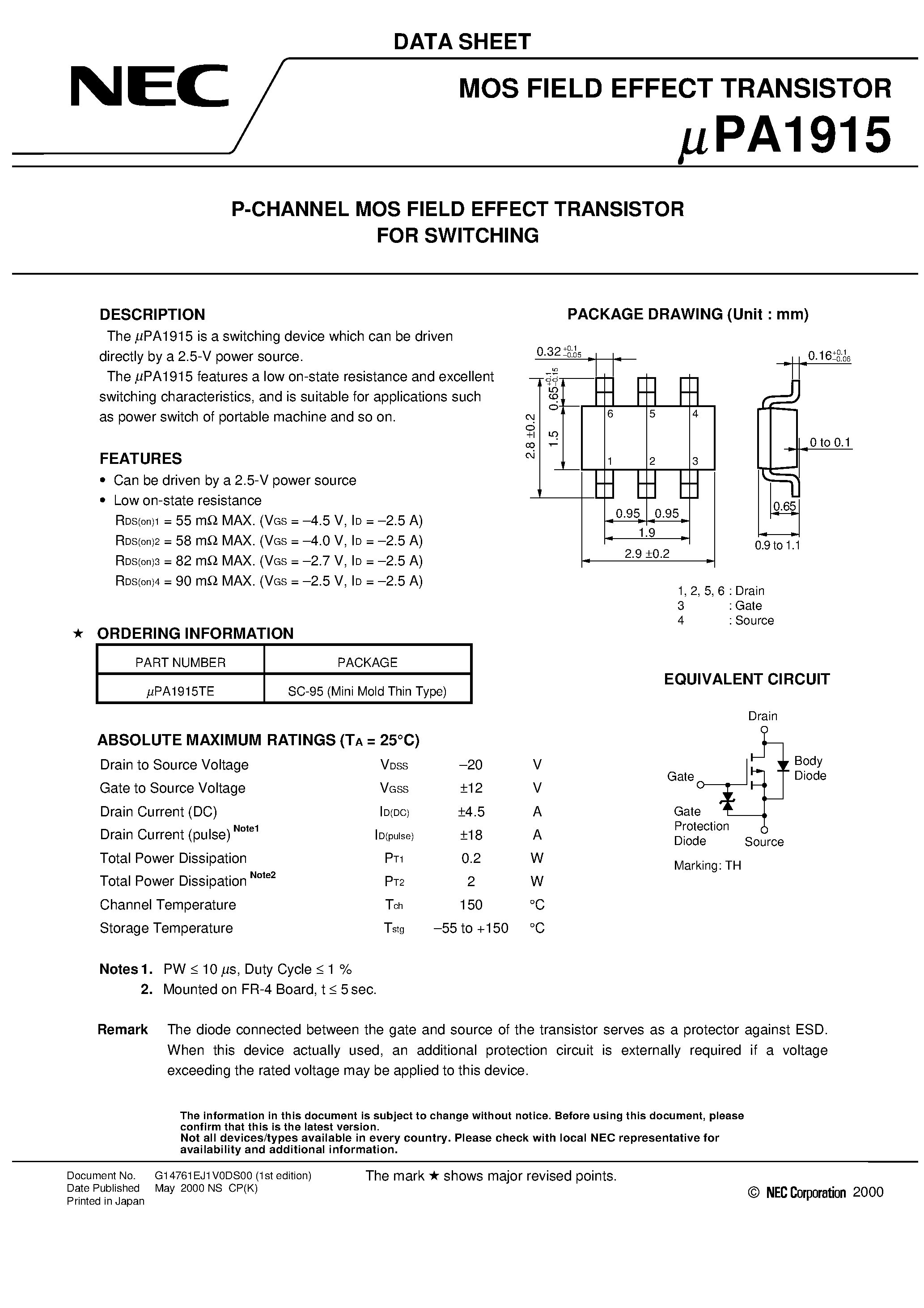 Datasheet UPA1915 - P-CHANNEL MOS FIELD EFFECT TRANSISTOR FOR SWITCHING page 1