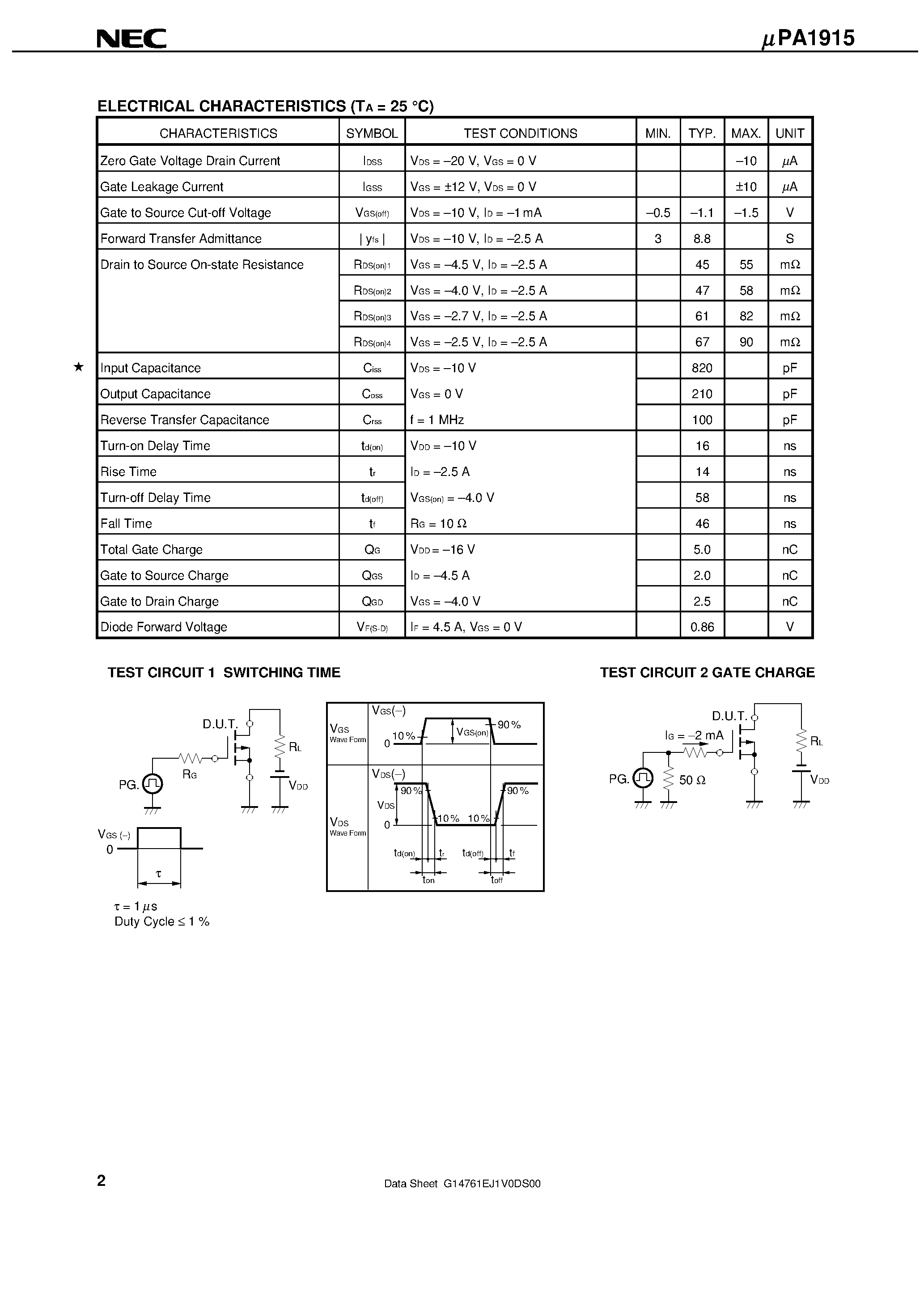 Datasheet UPA1915 - P-CHANNEL MOS FIELD EFFECT TRANSISTOR FOR SWITCHING page 2