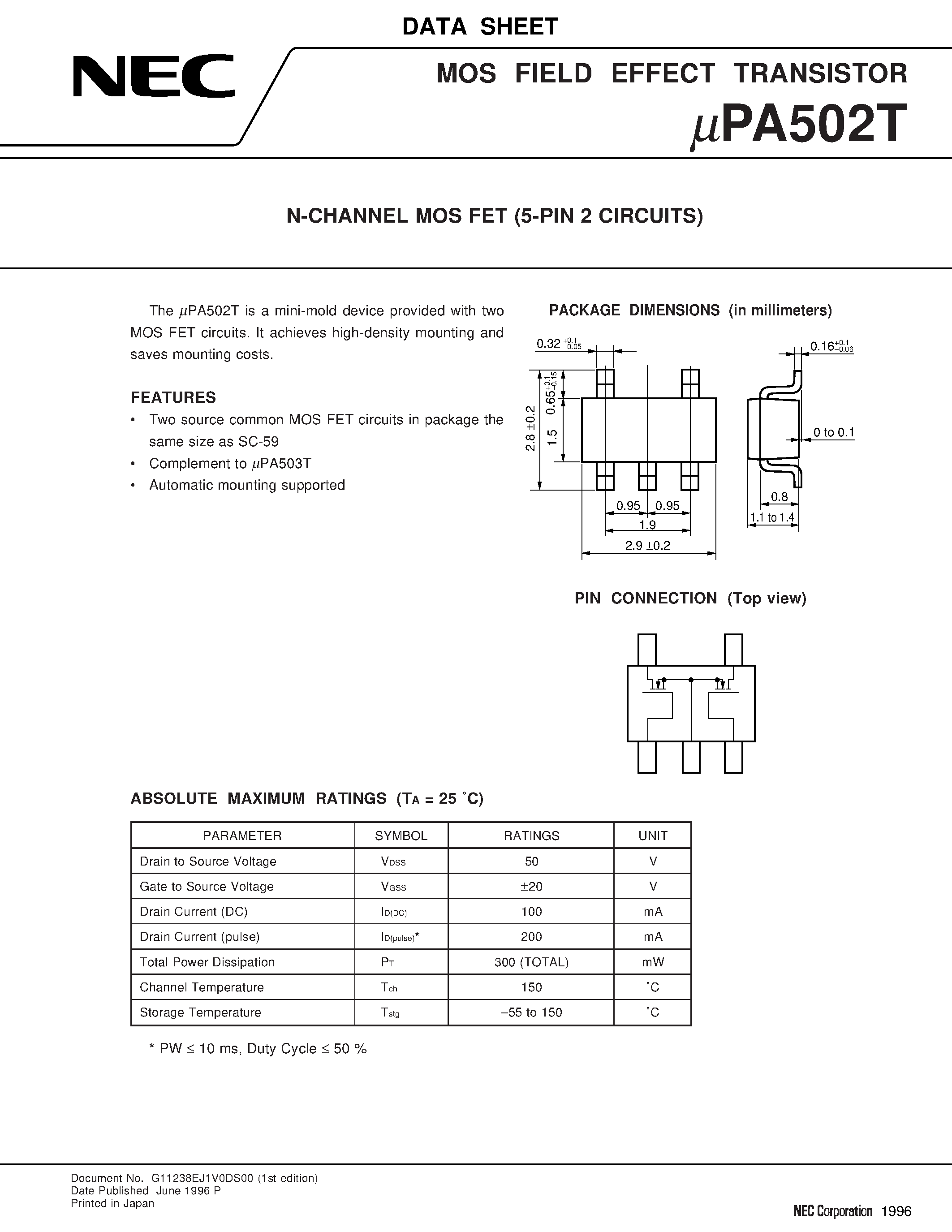 Datasheet UPA502T page 1 Datasheet UPA502T - N-CHANNEL MOS FET 5-PIN 2 CIRCUITS page 1