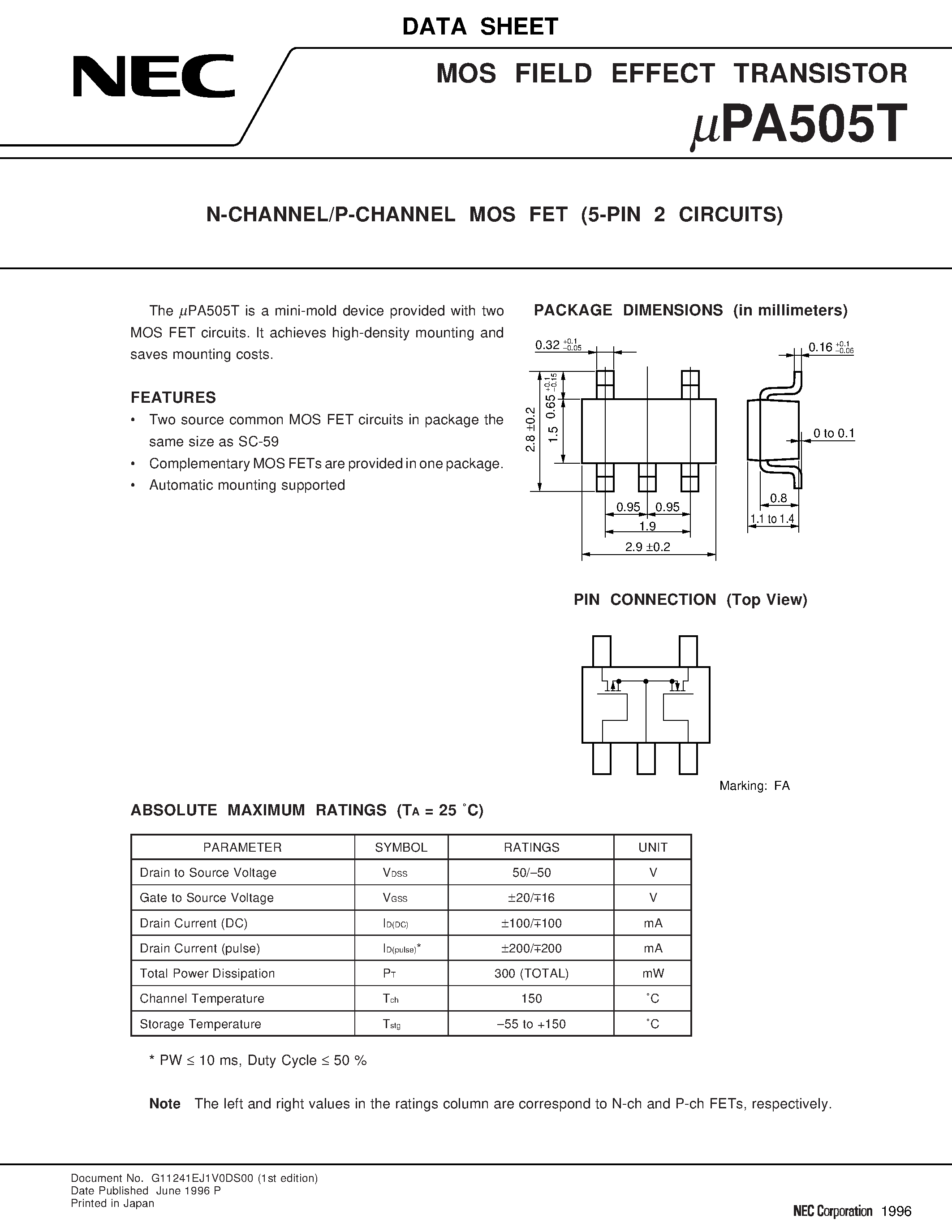 Datasheet UPA505T page 1 Datasheet UPA505T - N-CHANNEL/P-CHANNEL MOS FET 5-PIN 2 CIRCUITS page 1