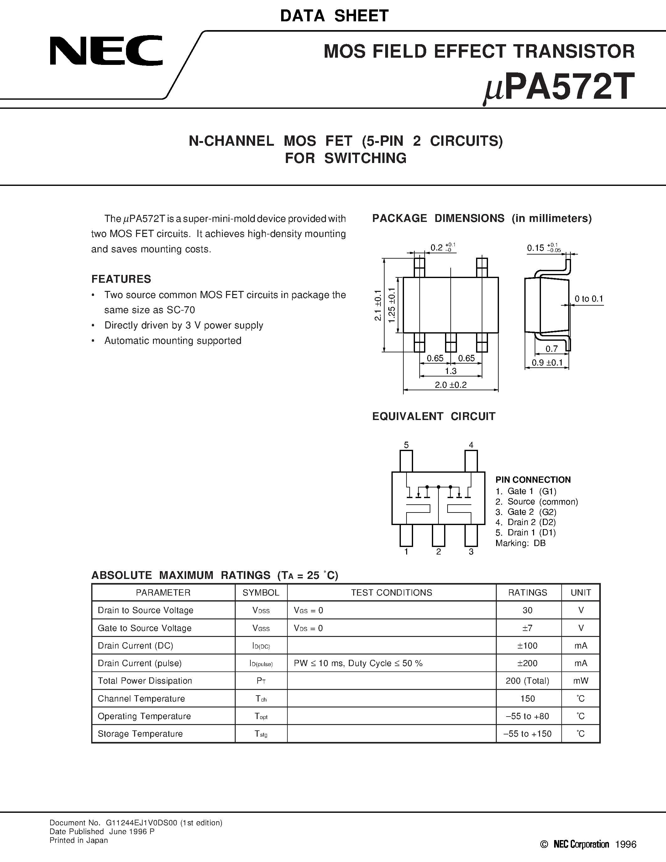Datasheet UPA572 page 1 Datasheet UPA572 - N-CHANNEL MOS FET 5-PIN 2 CIRCUITS FOR SWITCHING page 1