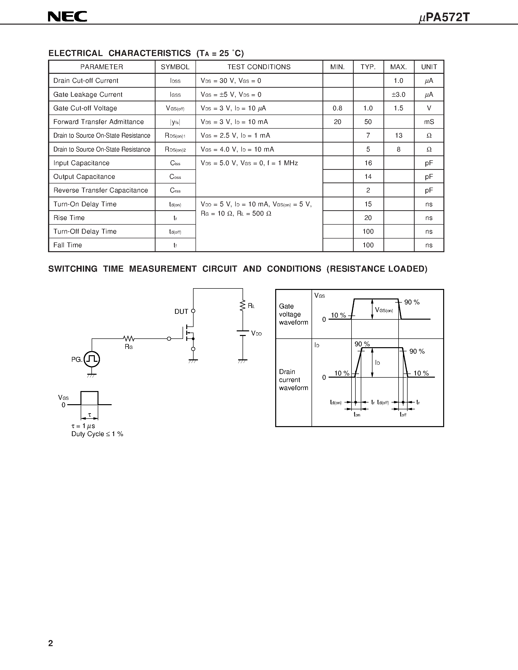Datasheet UPA572 page 2 Datasheet UPA572 - N-CHANNEL MOS FET 5-PIN 2 CIRCUITS FOR SWITCHING page 2