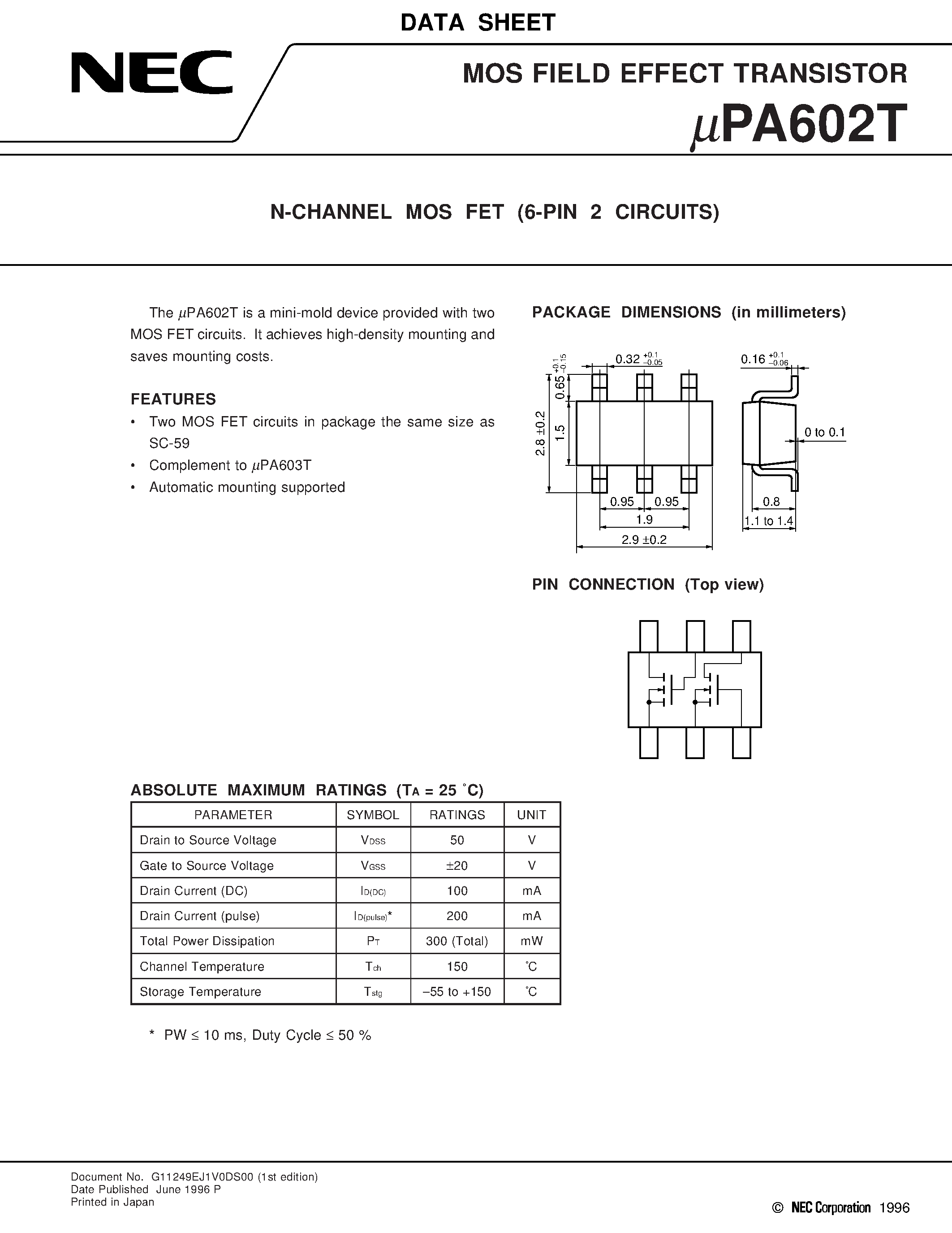 Datasheet UPA602T - N-CHANNEL MOS FET 6-PIN 2 CIRCUITS page 1