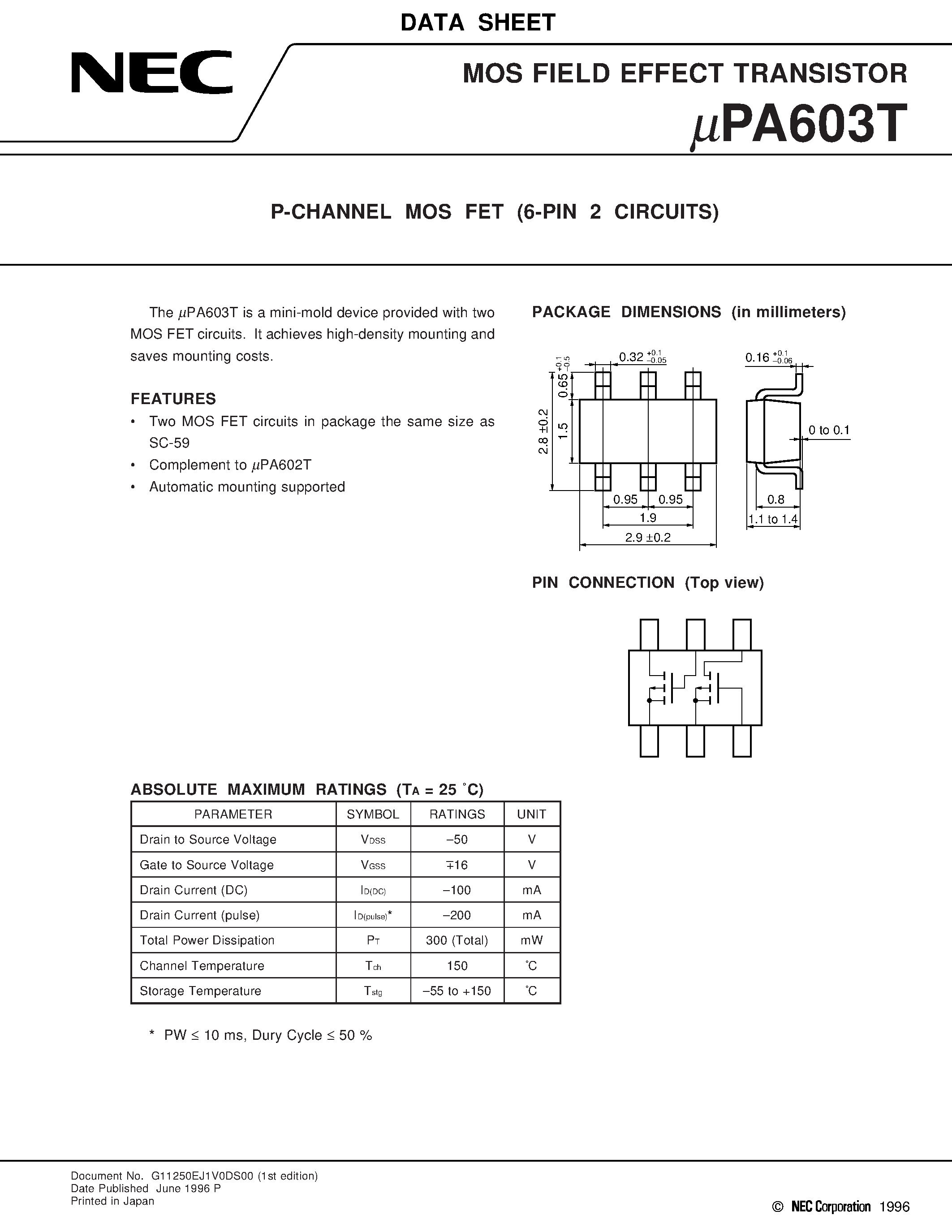 Даташит на микросхему UPA603T страница 1 Даташит UPA603T - P-CHANNEL MOS FET 6-PIN 2 CIRCUITS страница 1