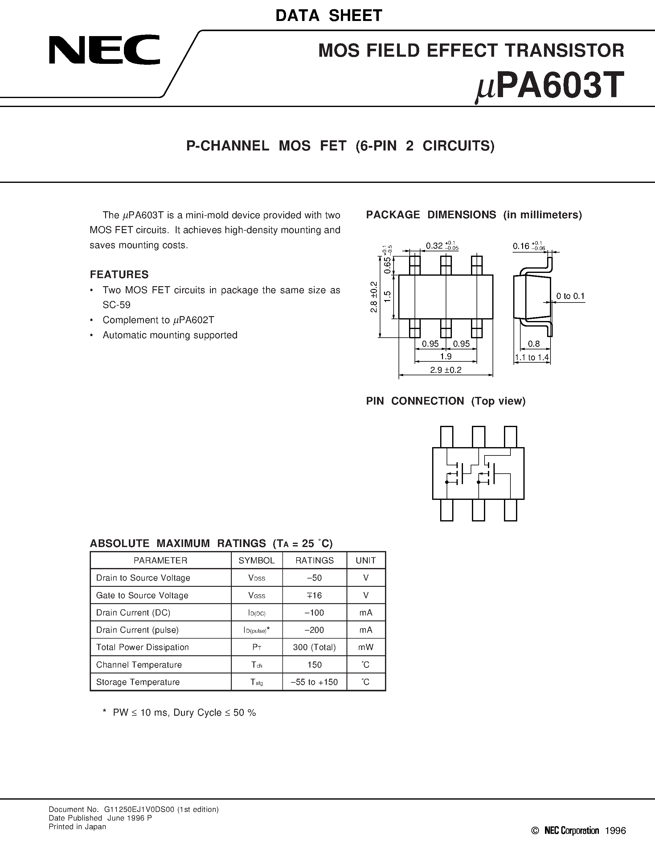 Datasheet UPA603T - P-CHANNEL MOS FET 6-PIN 2 CIRCUITS page 1