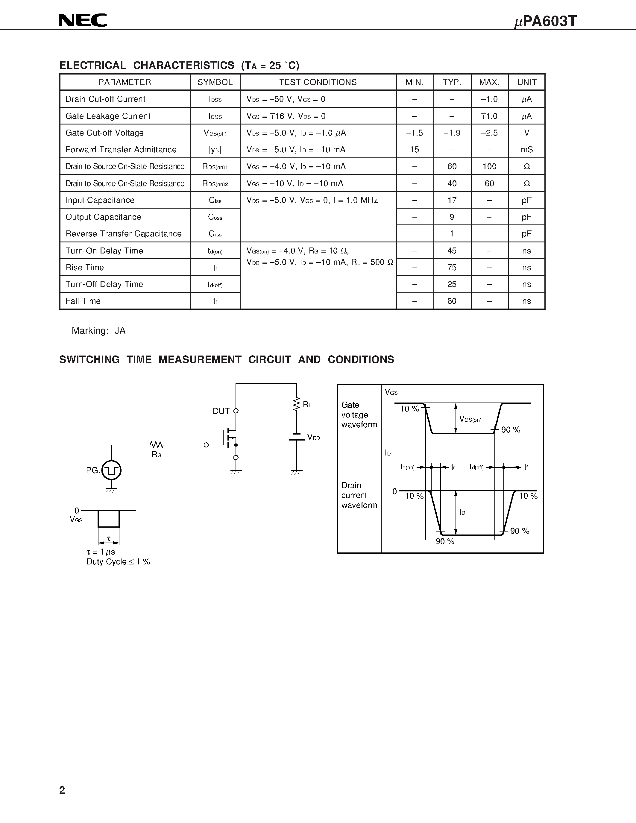 Datasheet UPA603T - P-CHANNEL MOS FET 6-PIN 2 CIRCUITS page 2