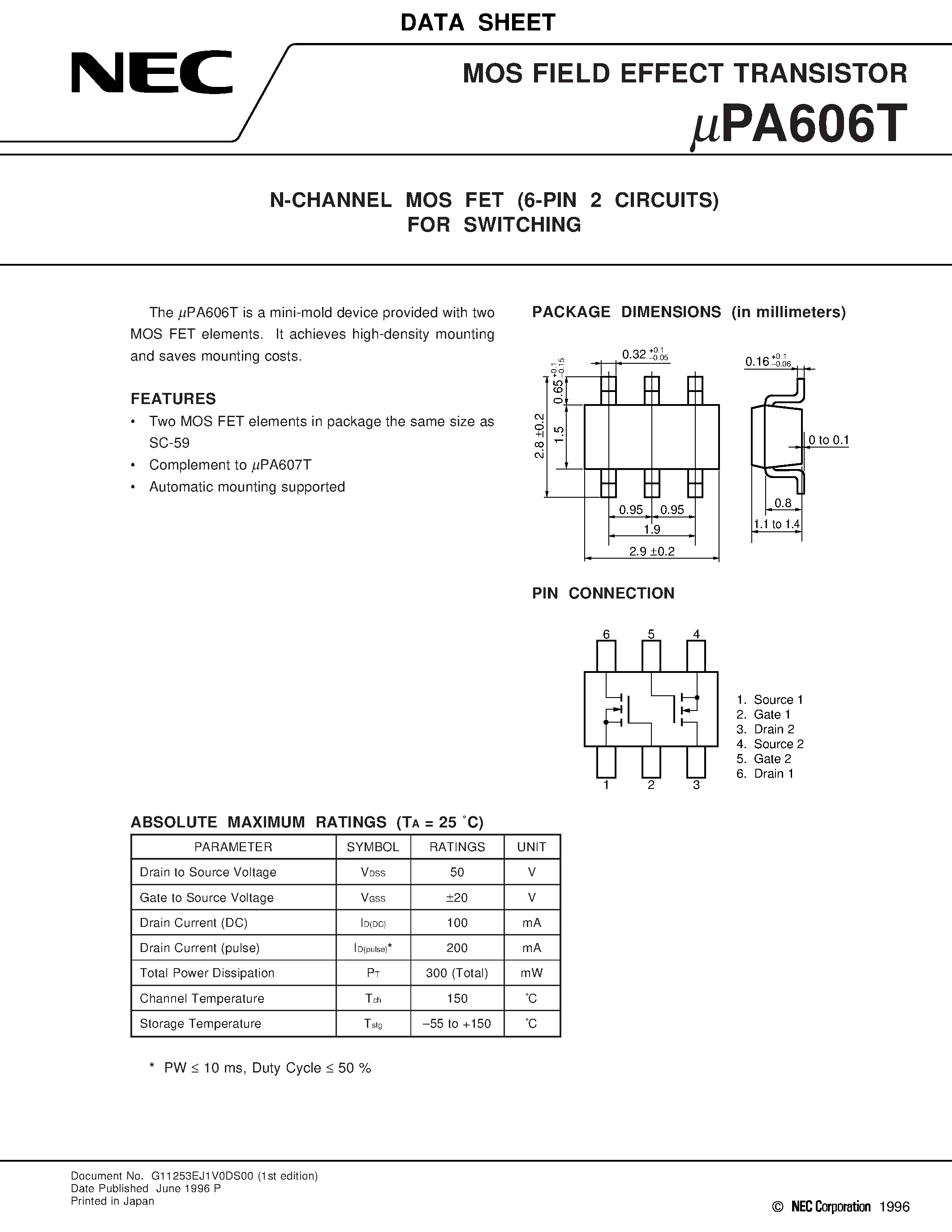 Datasheet UPA606T - N-CHANNEL MOS FET 6-PIN 2 CIRCUITS FOR SWITCHING page 1