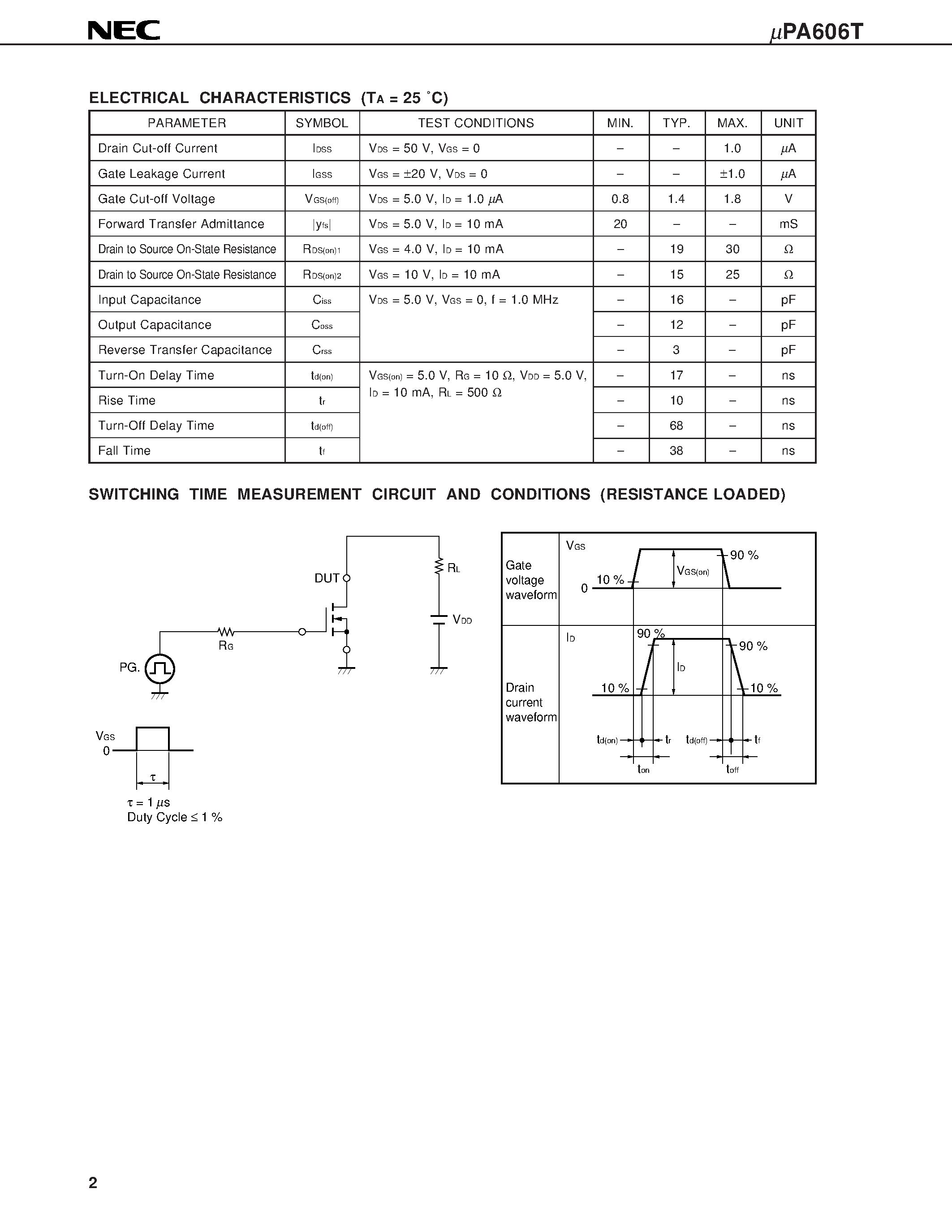 Datasheet UPA606T - N-CHANNEL MOS FET 6-PIN 2 CIRCUITS FOR SWITCHING page 2