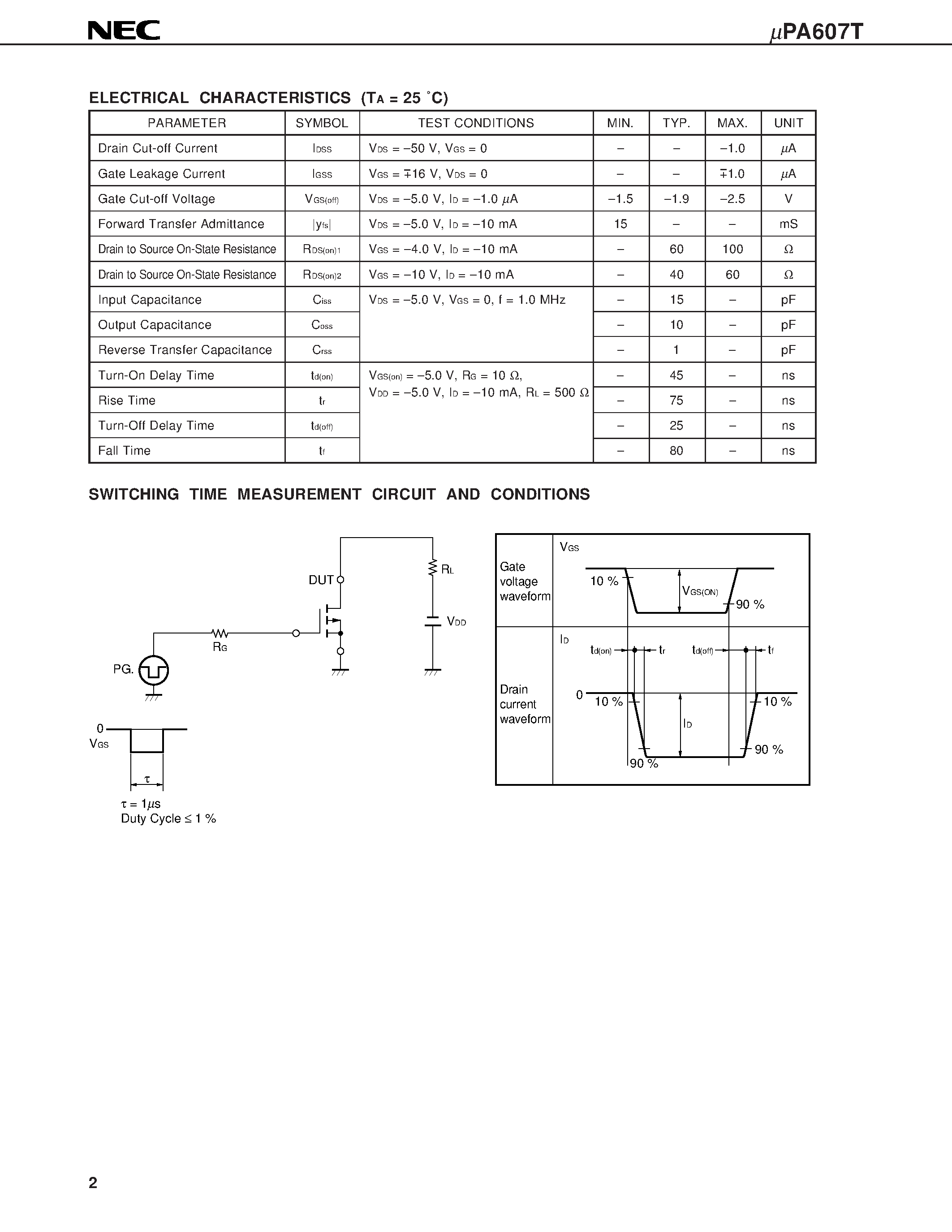 Datasheet UPA607 - P-CHANNEL MOS FET 6-PIN 2 CIRCUITS FOR SWITCHING page 2