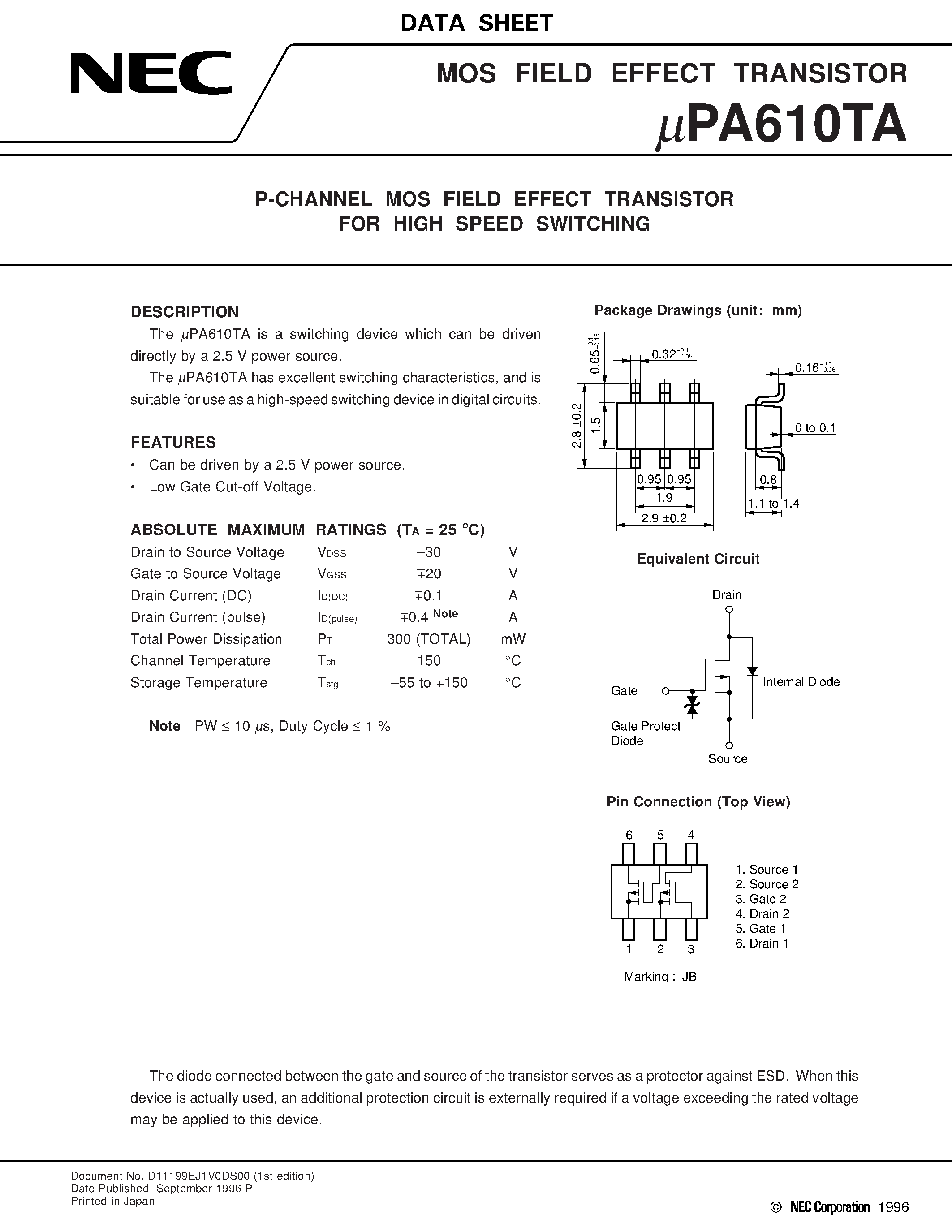 Datasheet UPA610TA - P-CHANNEL MOS FIELD EFFECT TRANSISTOR FOR HIGH SPEED SWITCHING page 1