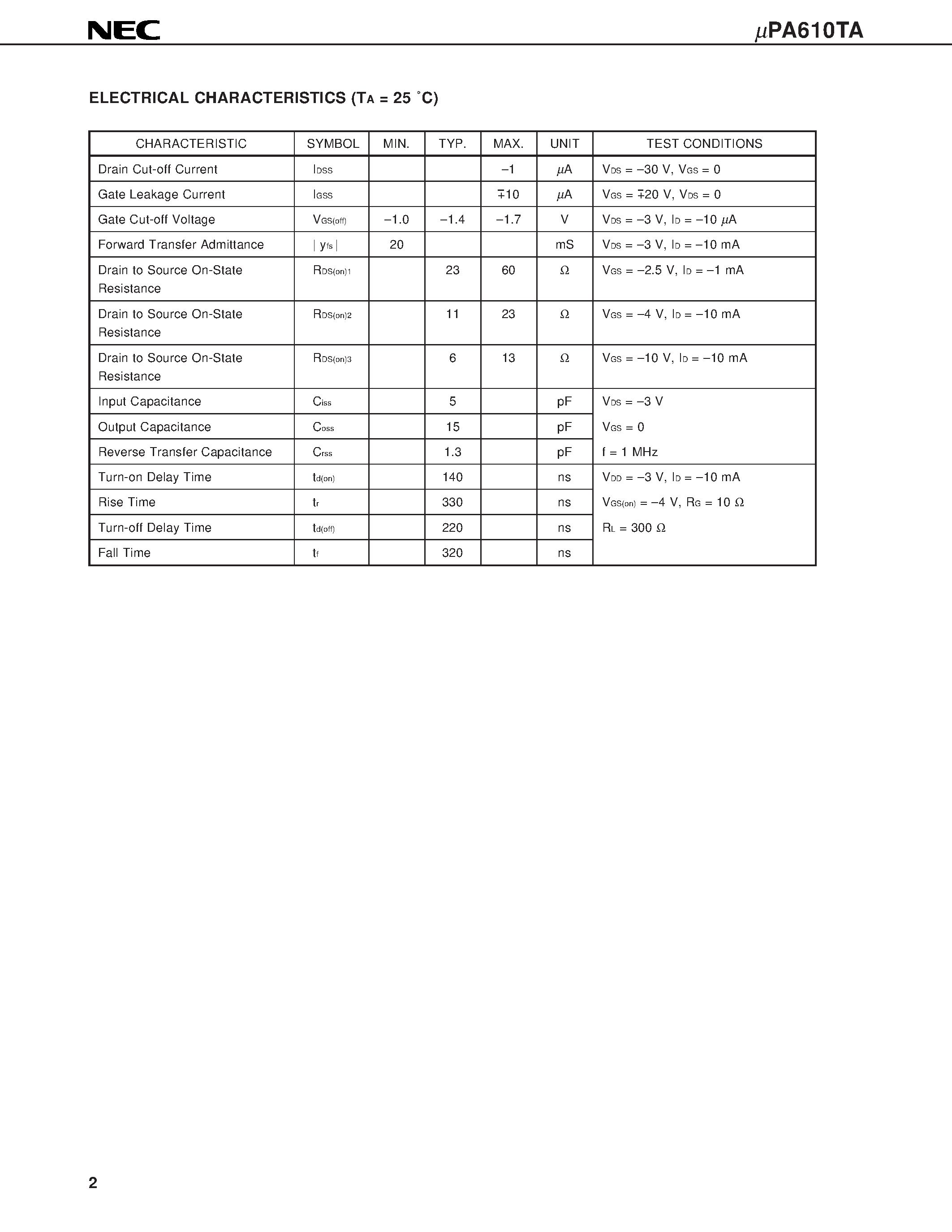 Datasheet UPA610TA - P-CHANNEL MOS FIELD EFFECT TRANSISTOR FOR HIGH SPEED SWITCHING page 2