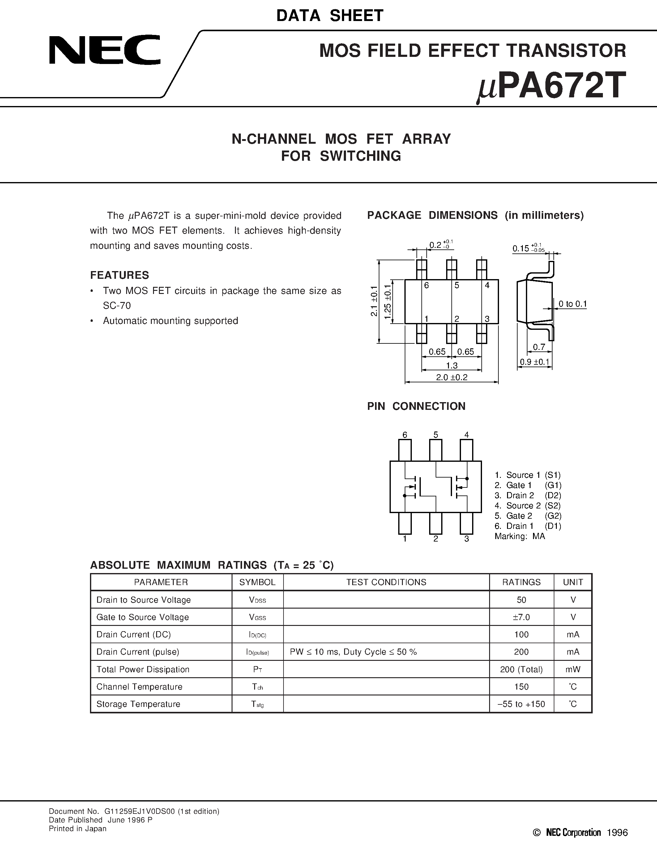 Datasheet UPA672T - N-CHANNEL MOS FET ARRAY FOR SWITCHING page 1