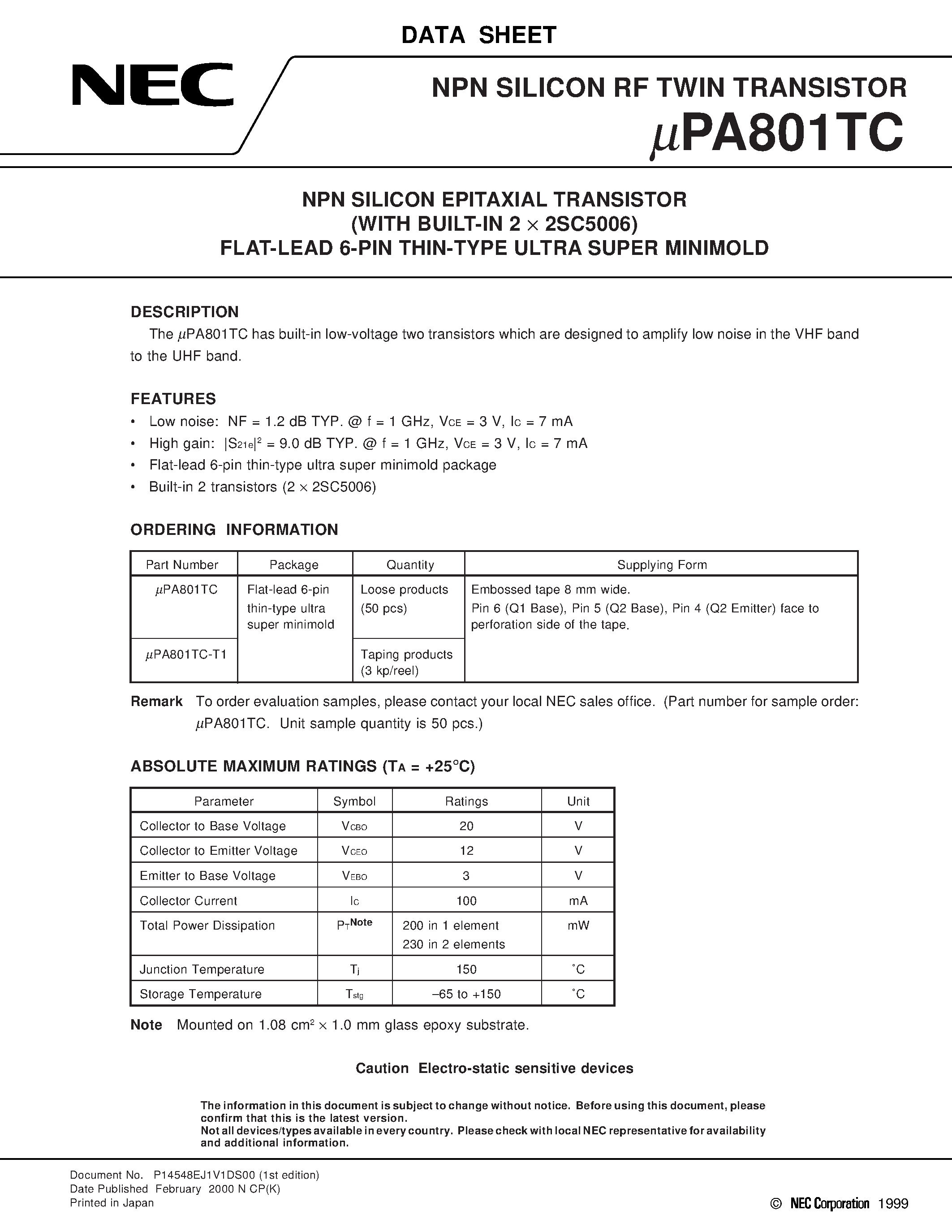 Даташит на микросхему UPA801 страница 1 Даташит UPA801 - NPN SILICON EPITAXIAL TRANSISTOR WITH BUILT-IN 2 x 2SC5006 FLAT-LEAD 6-PIN THIN-TYPE ULTRA SUPER MINIMOLD страница 1
