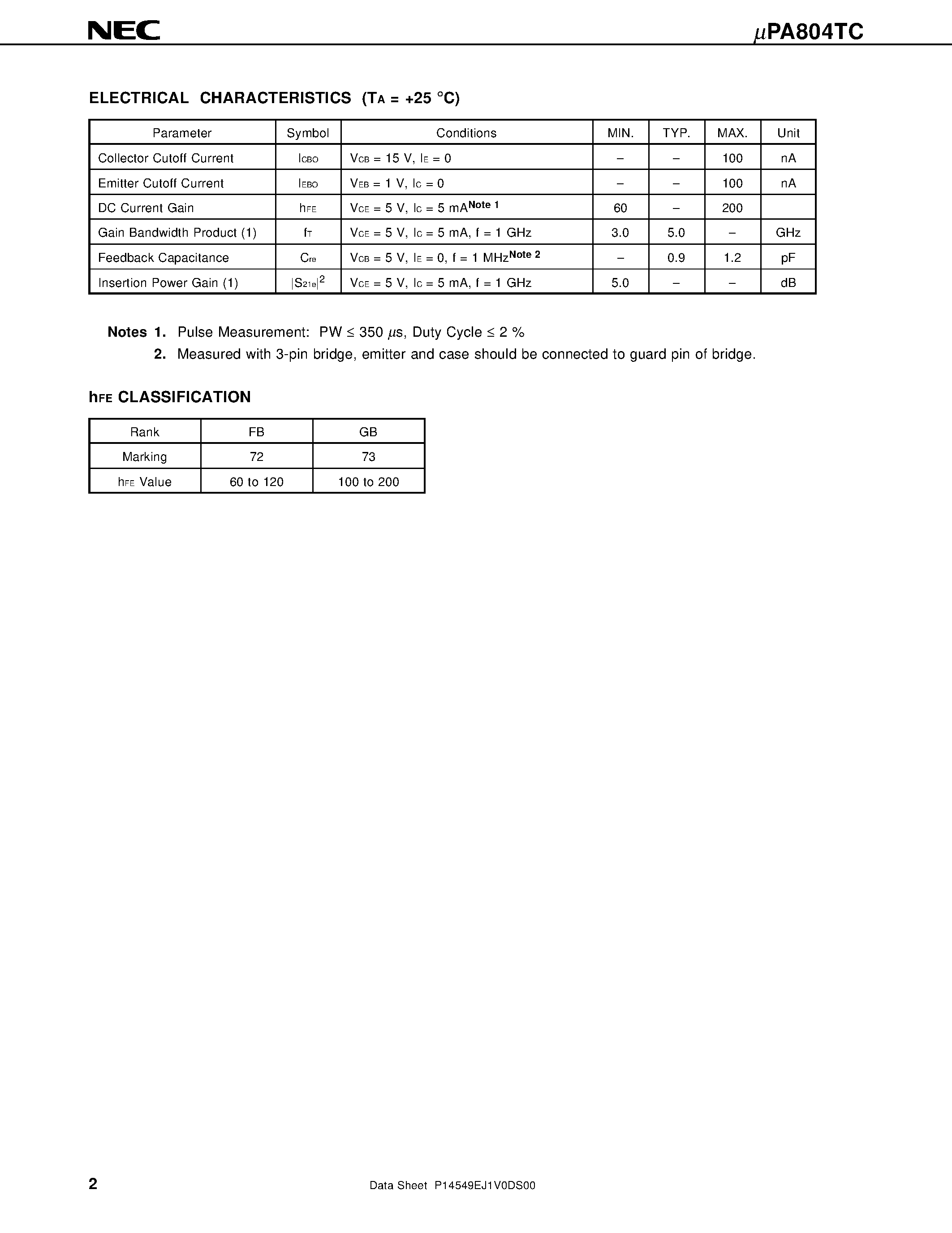 Даташит UPA804TC - NPN SILICON EPITAXIAL TRANSISTOR WITH BUILT-IN 2 x 2SC5004 FLAT-LEAD 6-PIN THIN-TYPE ULTRA SUPER MINIMOLD страница 2