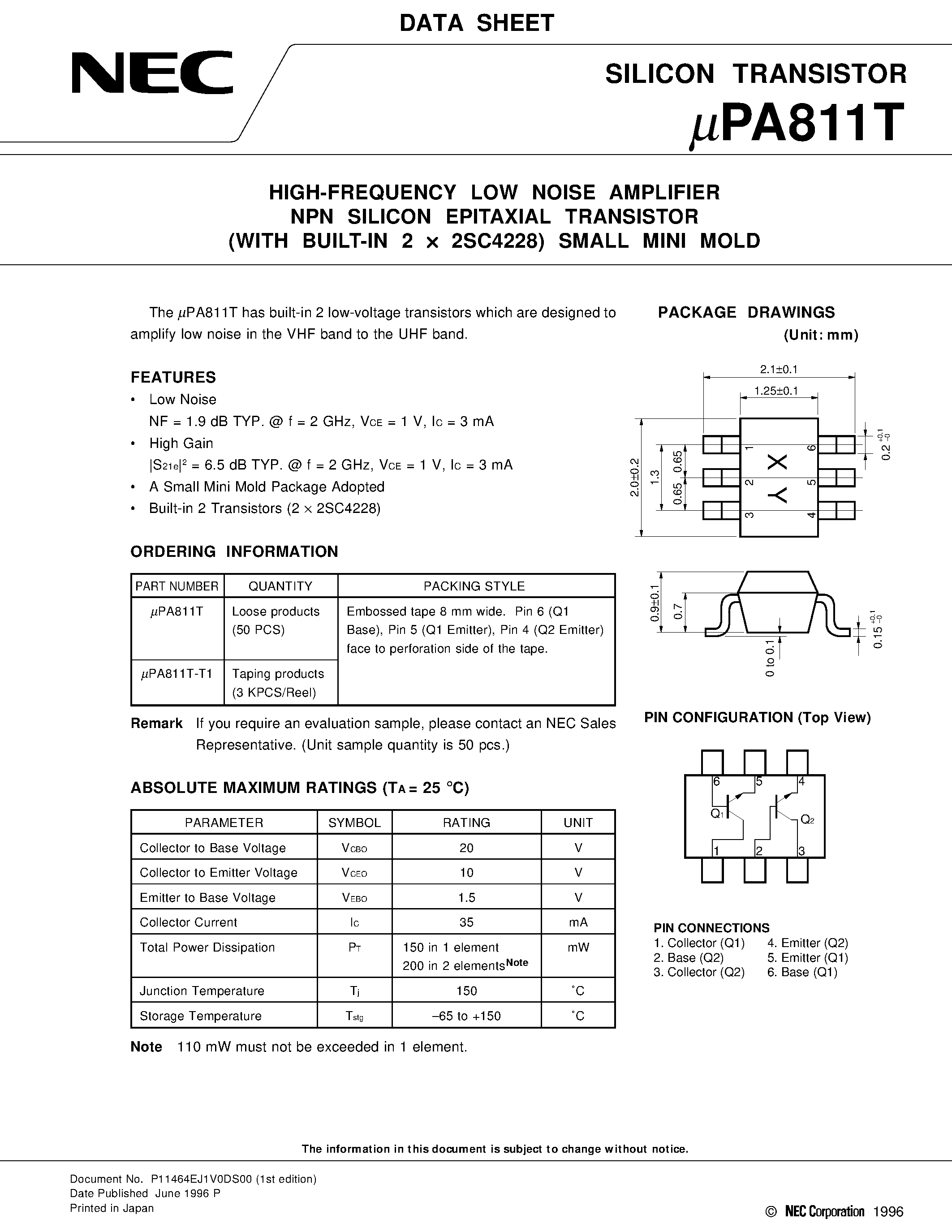 Datasheet UPA811 - HIGH-FREQUENCY LOW NOISE AMPLIFIER NPN SILICON EPITAXIAL TRANSISTOR WITH BUILT-IN 2 x 2SC4228 SMALL MINI MOLD page 1