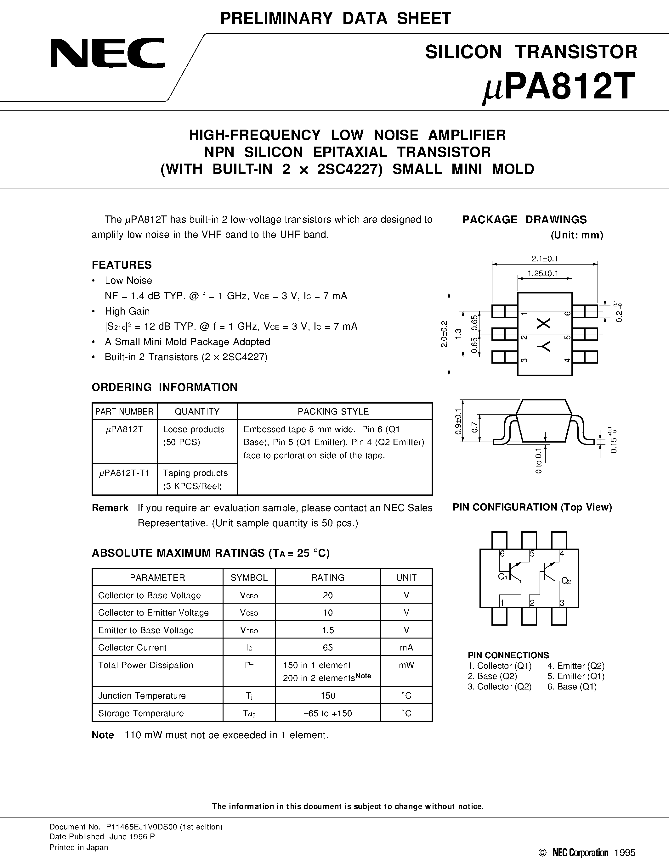 Datasheet UPA812 - HIGH-FREQUENCY LOW NOISE AMPLIFIER NPN SILICON EPITAXIAL TRANSISTOR WITH BUILT-IN 2 x 2SC4227 SMALL MINI MOLD page 1