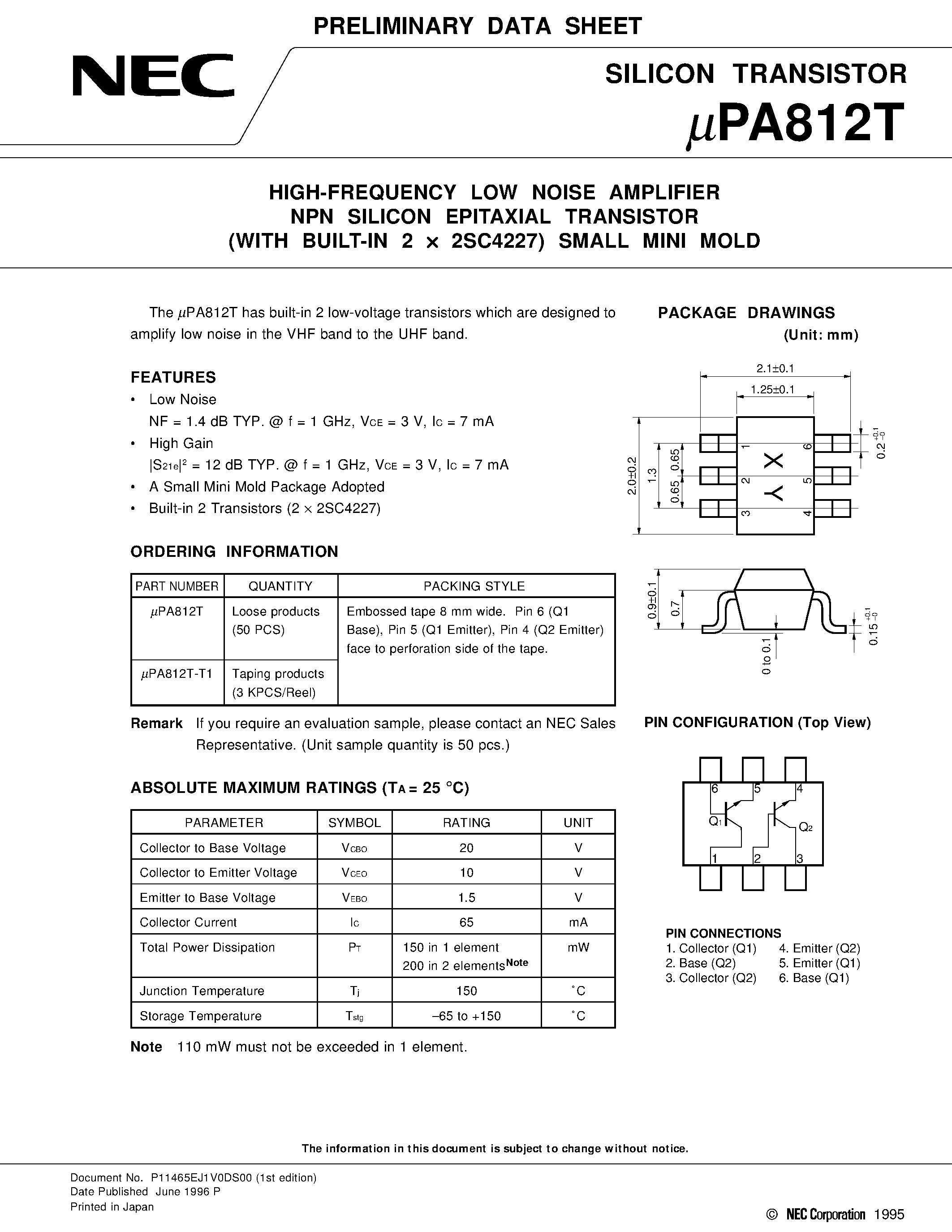 Даташит UPA812T - HIGH-FREQUENCY LOW NOISE AMPLIFIER NPN SILICON EPITAXIAL TRANSISTOR WITH BUILT-IN 2 x 2SC4227 SMALL MINI MOLD страница 1