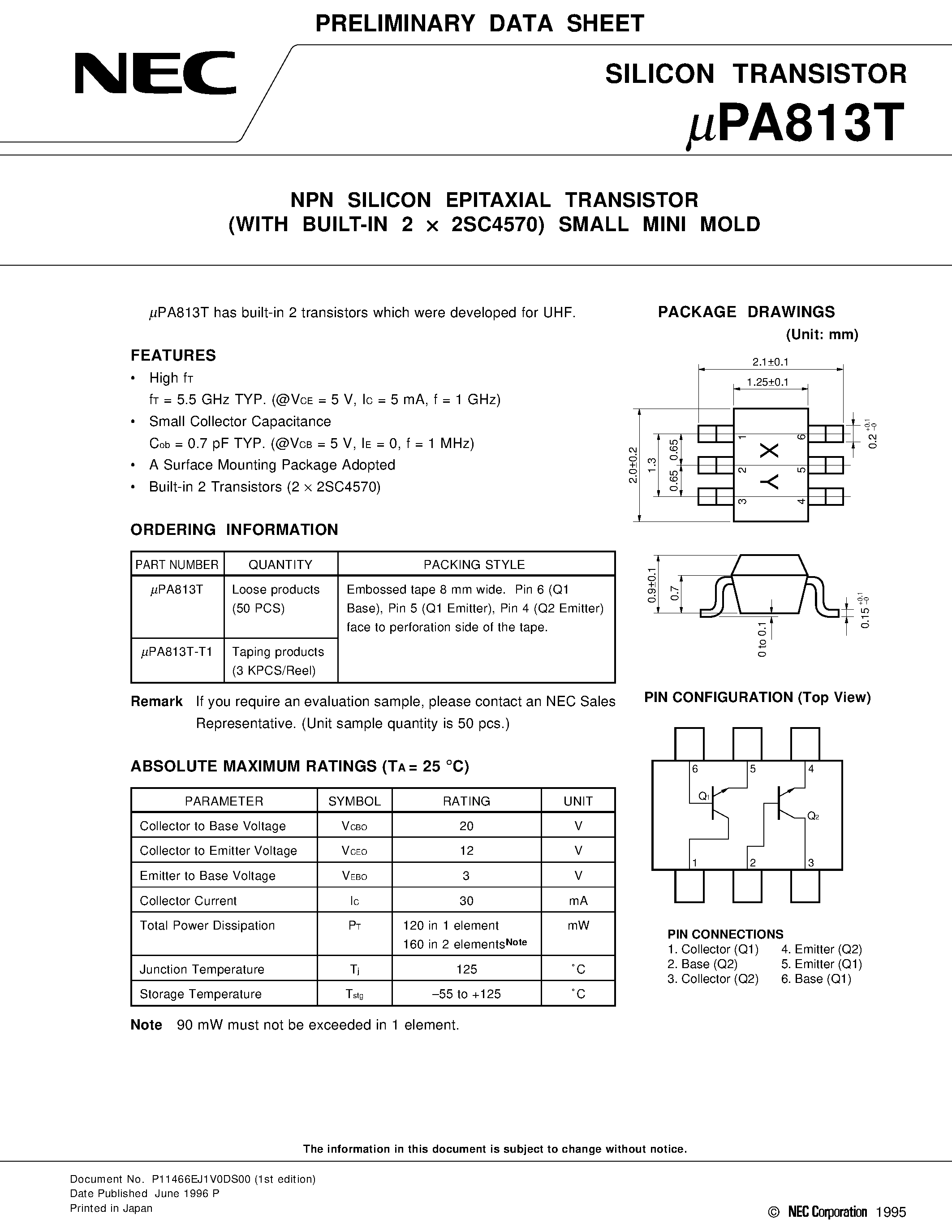 Datasheet UPA813 - NPN SILICON EPITAXIAL TRANSISTOR WITH BUILT-IN 2 x 2SC4570 SMALL MINI MOLD page 1
