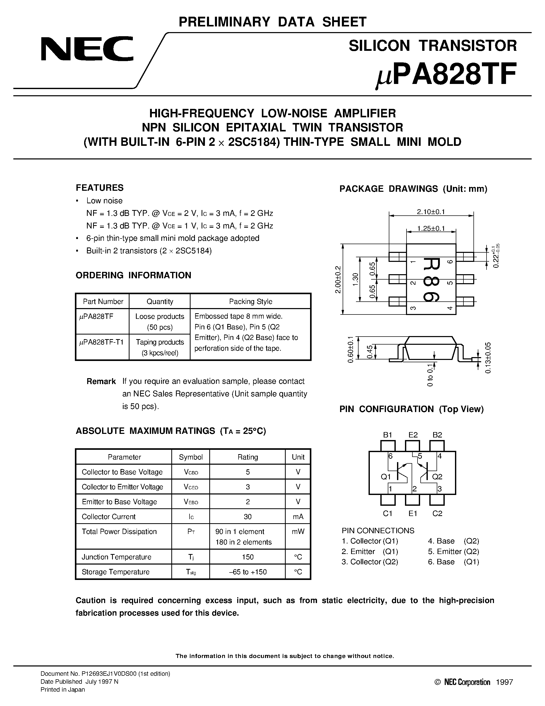 Datasheet UPA828TF - HIGH-FREQUENCY LOW-NOISE AMPLIFIER NPN SILICON EPITAXIAL TWIN TRANSISTOR WITH BUILT-IN 6-PIN 2 x 2SC5184 THIN-TYPE SMALL MINI MOLD page 1
