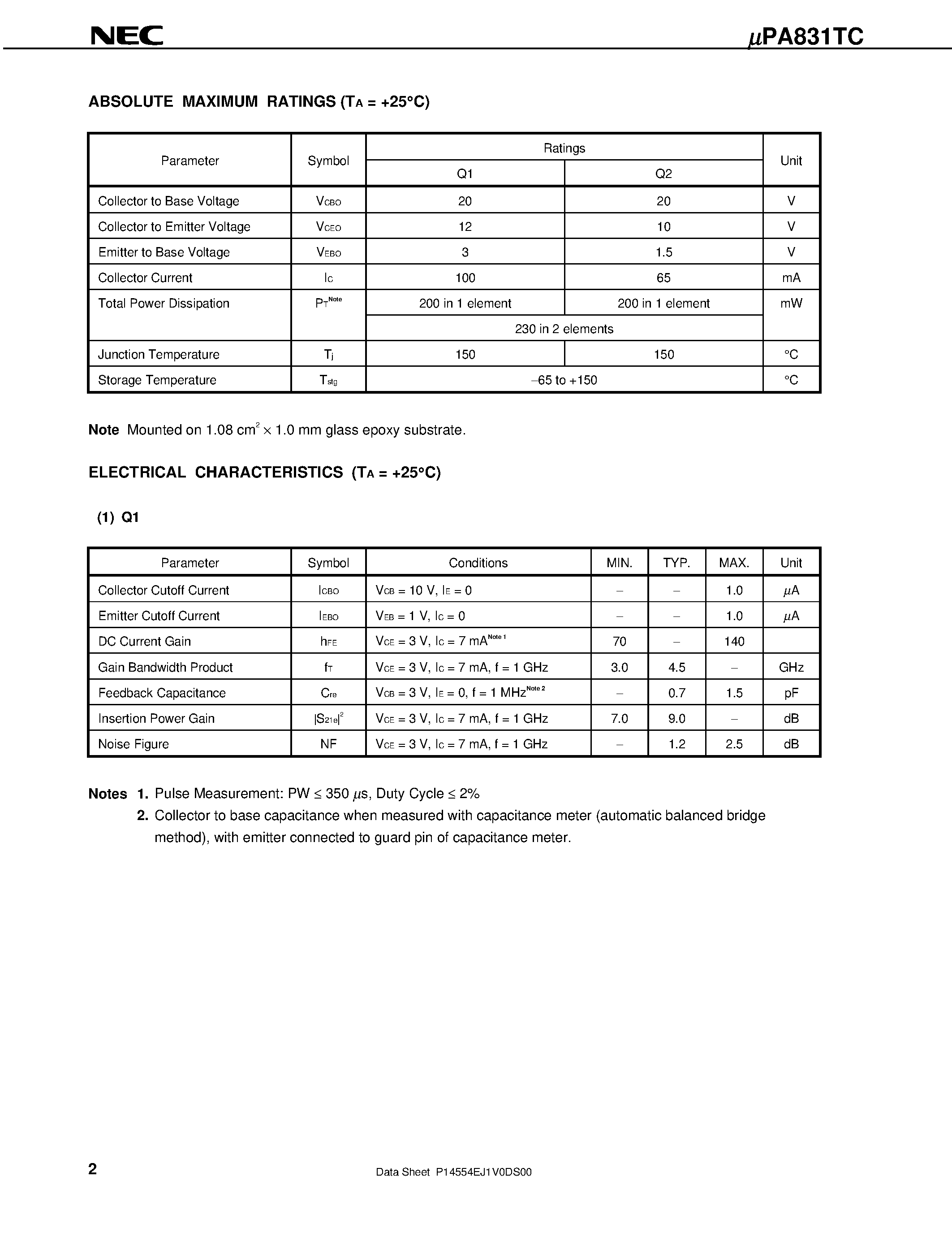 Даташит на микросхему UPA831TC страница 2 Даташит UPA831TC - NPN SILICON EPITAXIAL TRANSISTOR WITH 2 DIFFERENT ELEMENTS IN A FLAT-LEAD 6-PIN THIN-TYPE ULTRA SUPER MINIMOLD PACKAGE страница 2