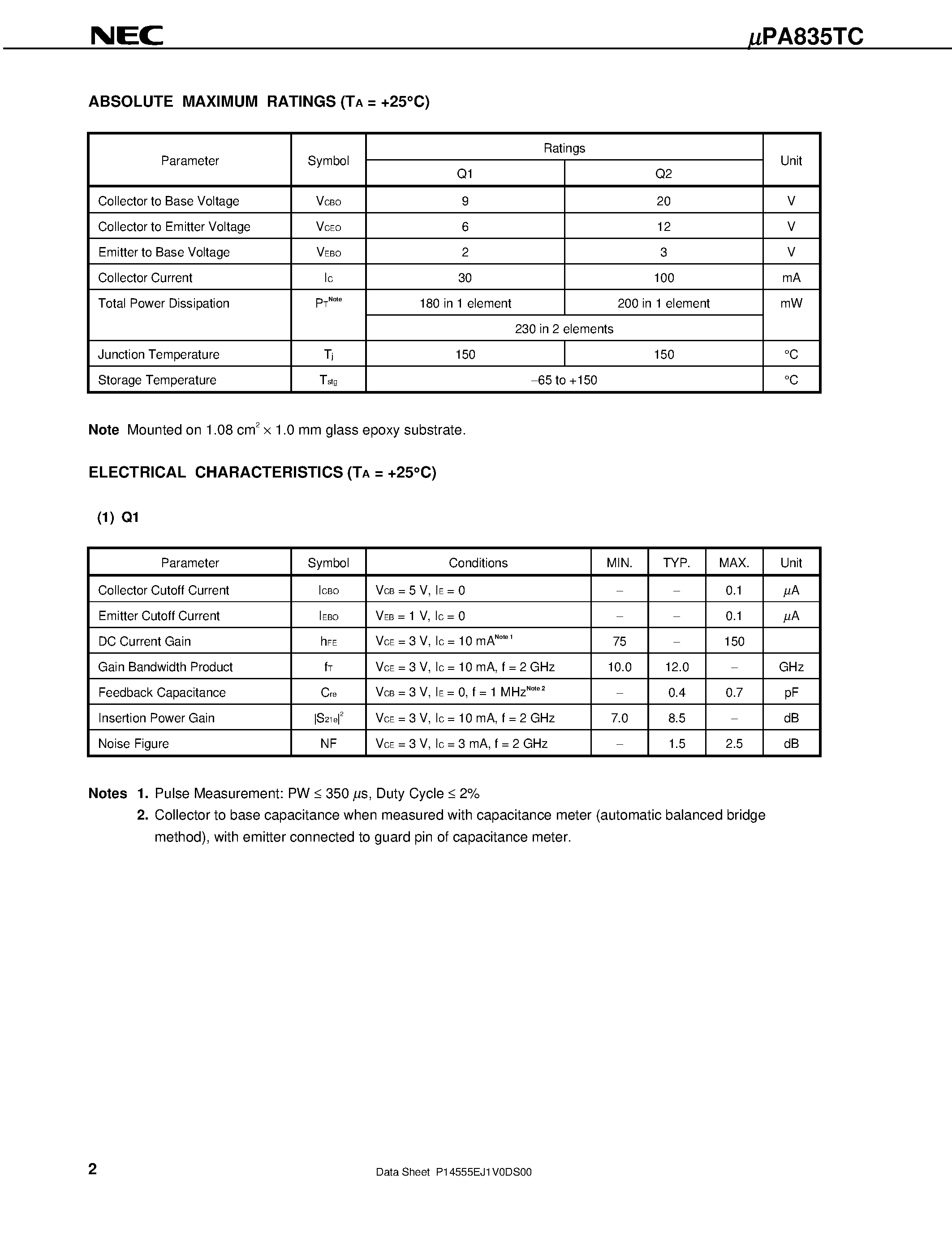 Даташит на микросхему UPA835TC страница 2 Даташит UPA835TC - NPN SILICON EPITAXIAL TRANSISTOR WITH 2 DIFFERENT ELEMENTS IN A FLAT-LEAD 6-PIN THIN-TYPE ULTRA SUPER MINIMOLD PACKAGE страница 2