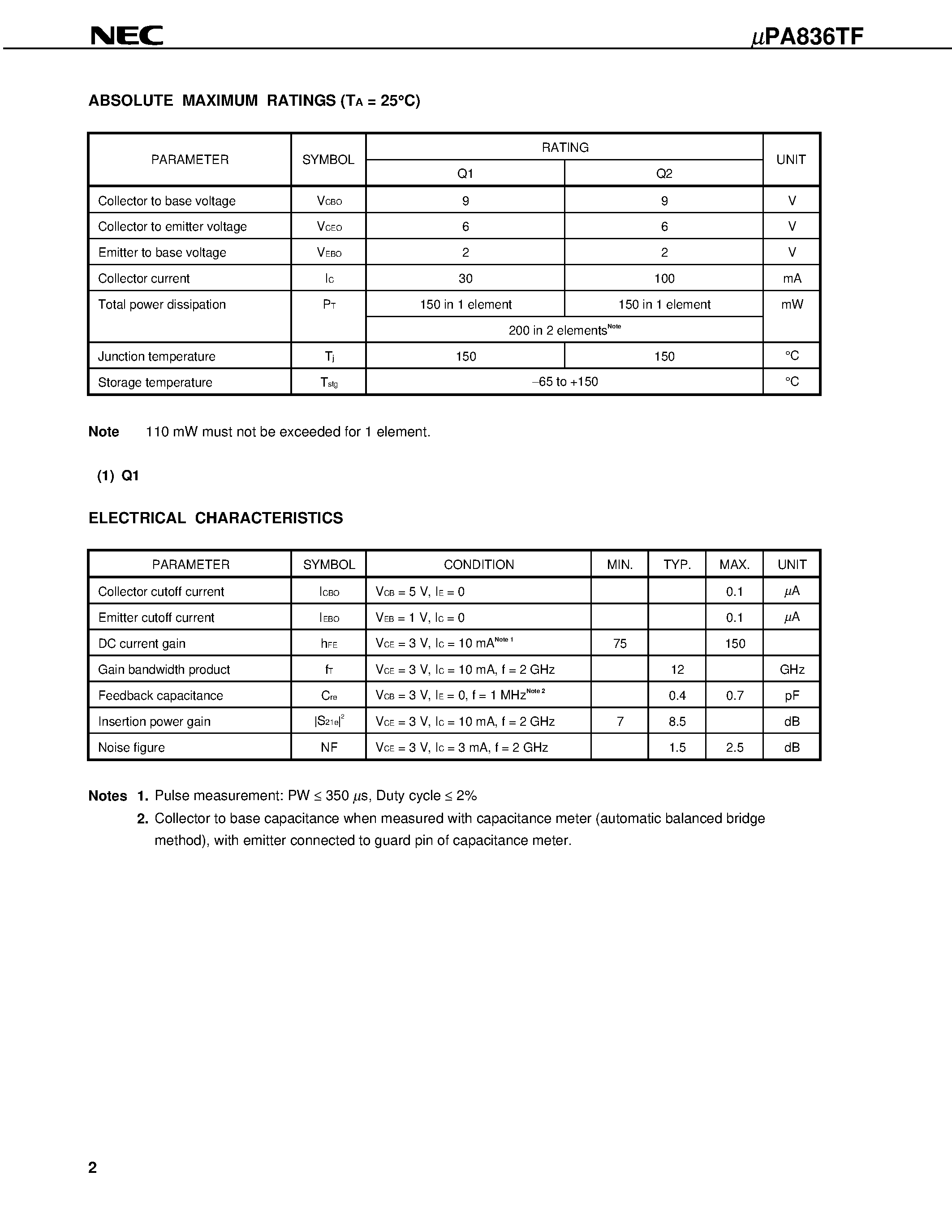 Даташит на микросхему UPA836TF страница 2 Даташит UPA836TF - NPN SILICON EPITAXIAL TRANSISTOR WITH 2 DIFFERENT ELEMENTS IN A 6-PIN THIN-TYPE SMALL MINI MOLD PACKAGE страница 2