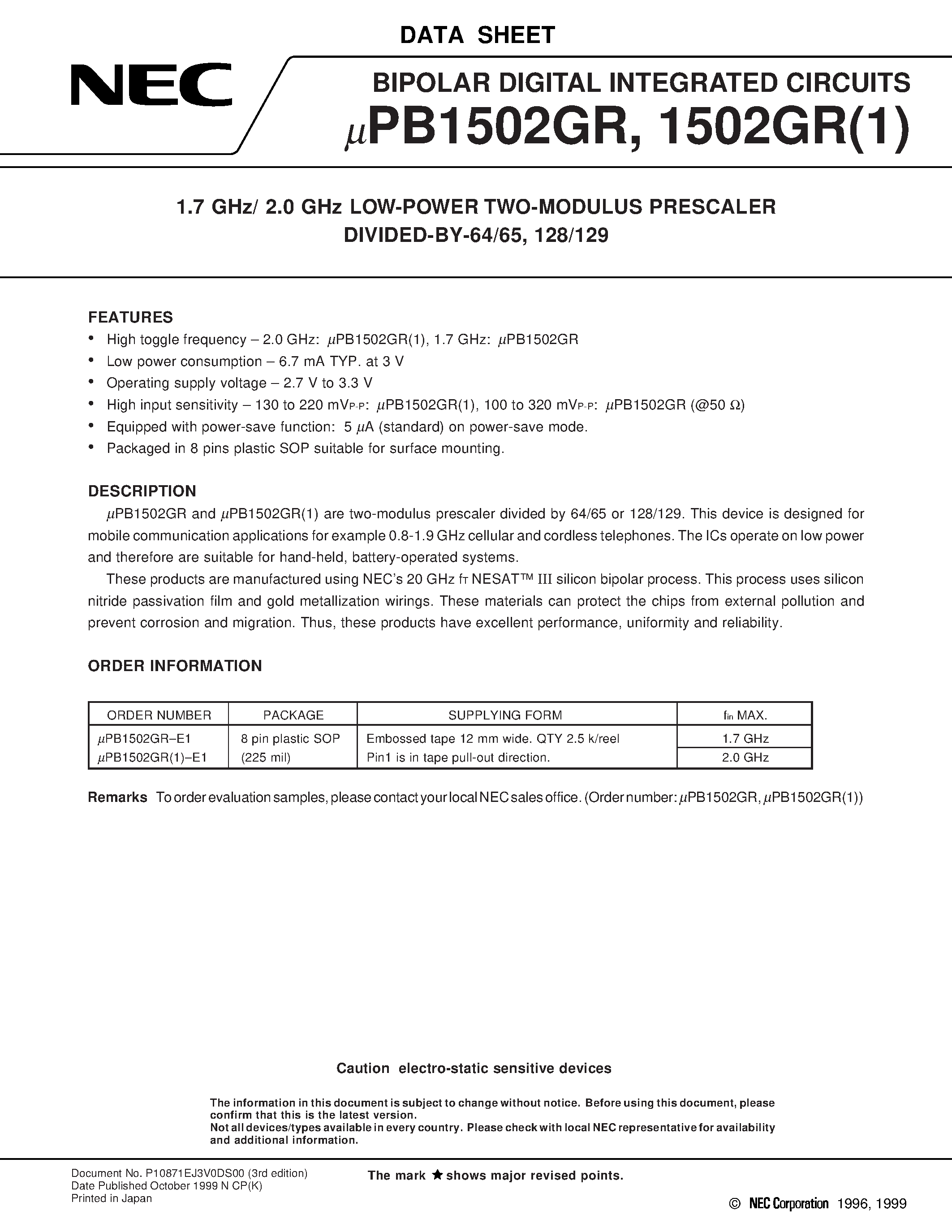 Datasheet UPB1502GR - 1.7 GHz/ 2.0 GHz LOW-POWER TWO-MODULUS PRESCALER DIVIDED-BY-64/65/ 128/129 page 1