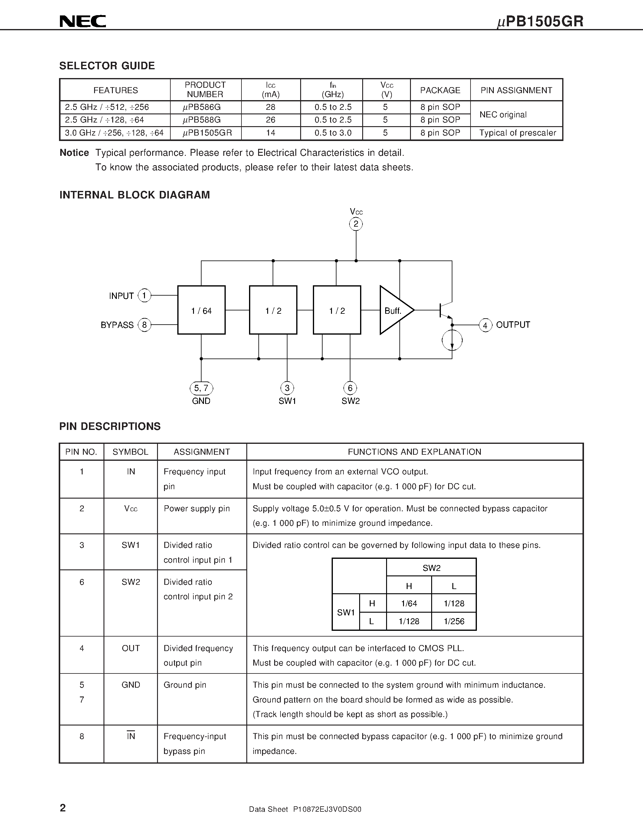 Datasheet UPB1505GR page 2 Datasheet UPB1505GR - 3.0 GHz PRESCALER DIVIDED BY 256/ 128/ 64 FOR BS/CS TUNER page 2