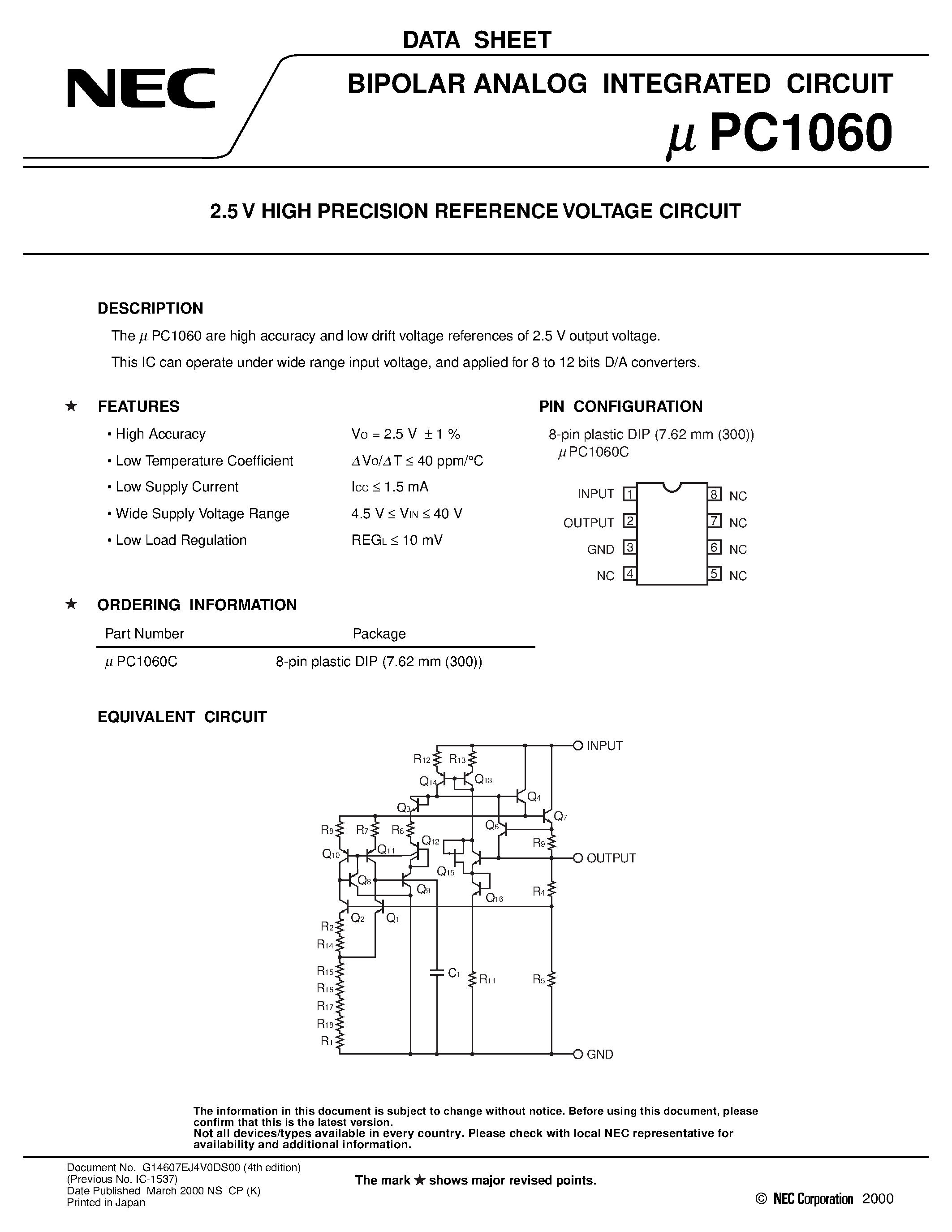 Datasheet UPC1060C page 1 Datasheet UPC1060C - 2.5 V HIGH PRECISION REFERENCE VOLTAGE CIRCUIT page 1